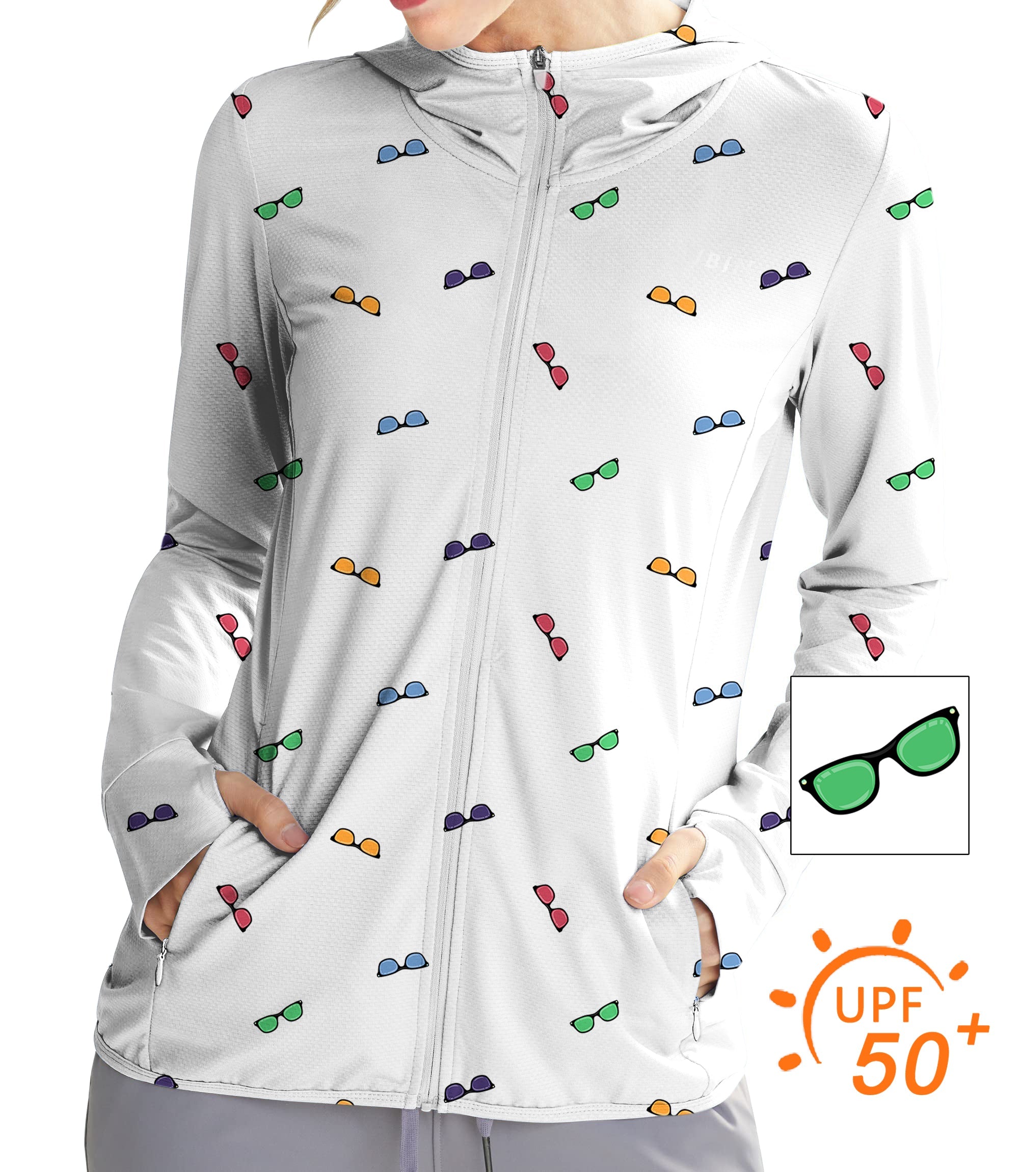 Women's lightweight zip hoodie with colorful sunglass print and UPF 50+ sun protection for outdoor activities