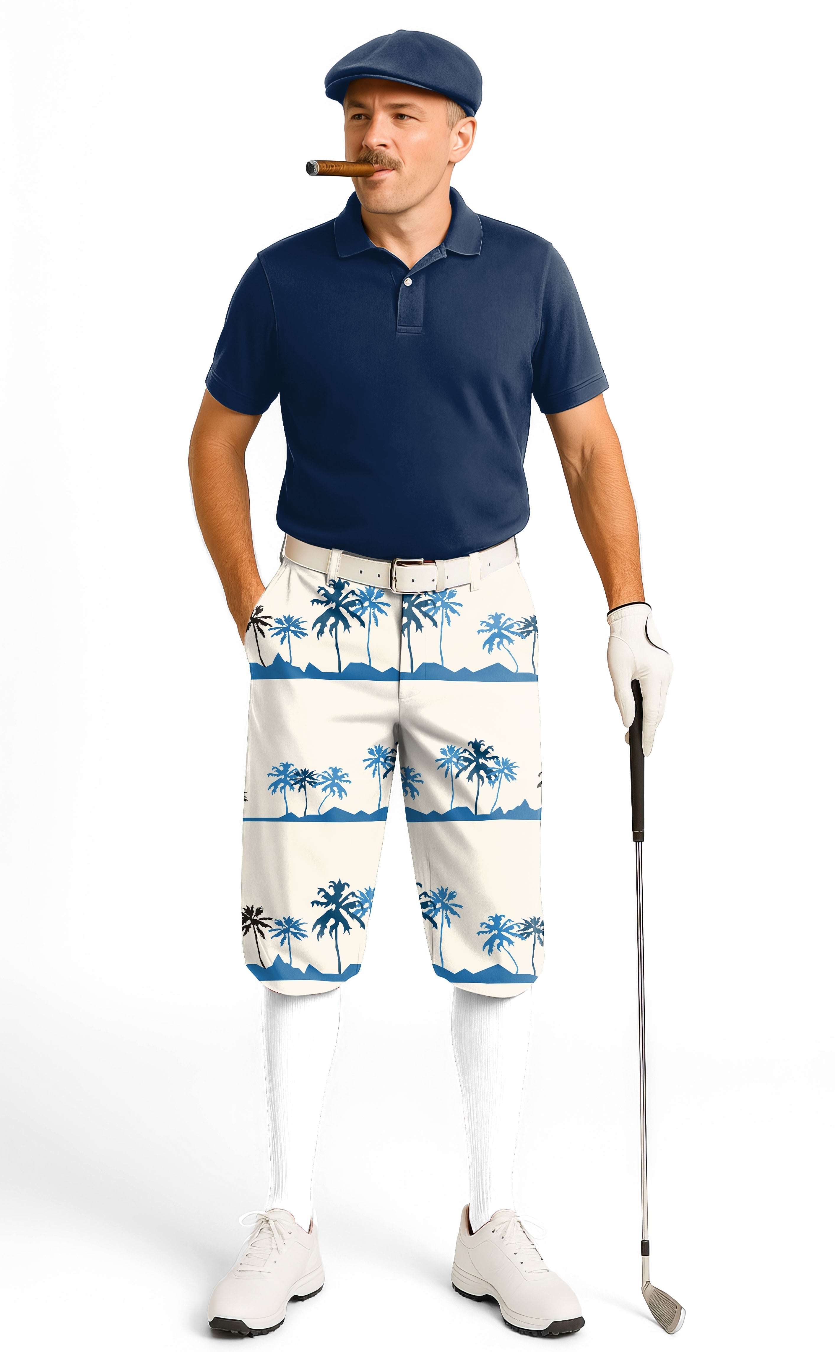 Men's golf knickers with palm tree print, snug ankle cuffs, and breathable fabric for comfortable movement on the course