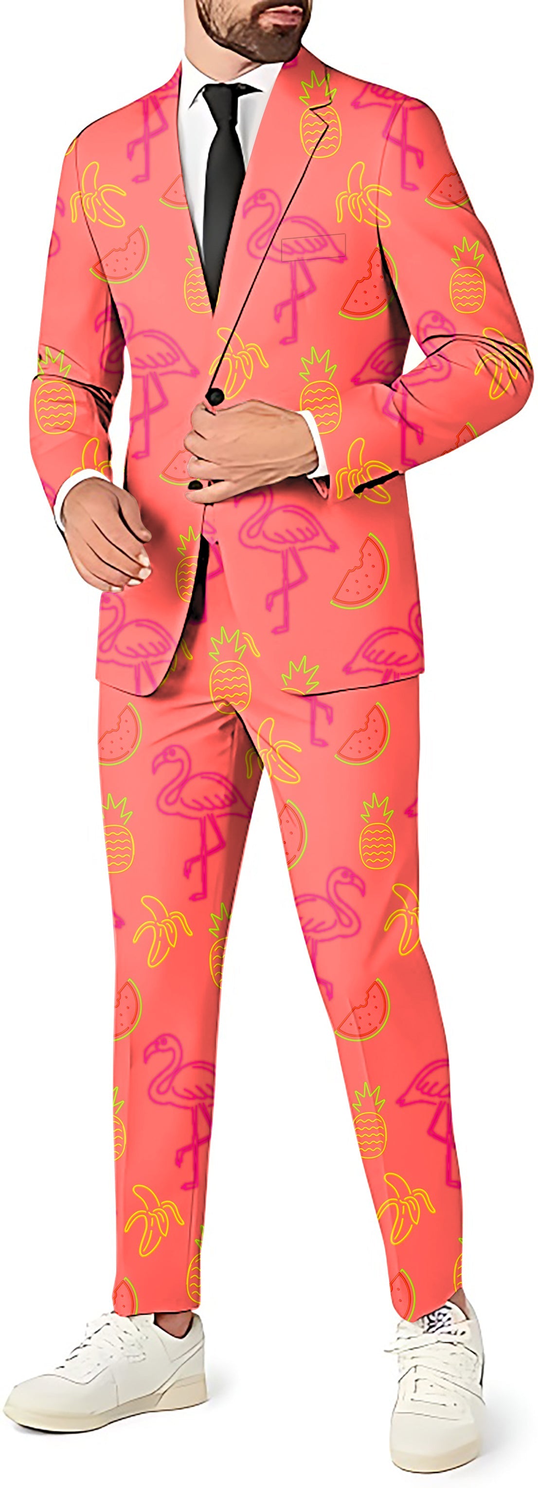 Fruity Flamingo men's party costume suit set with blazer, pants, and vest in vibrant pink with flamingo and fruit patterns
