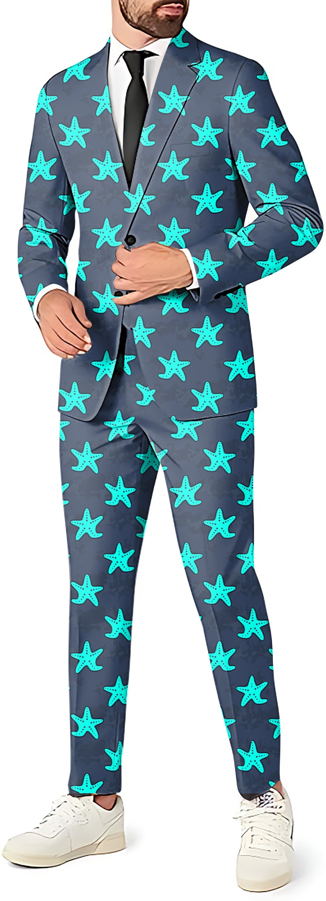 Star Player Men's slim fit party suit with teal star pattern, blazer, pants, and vest set
