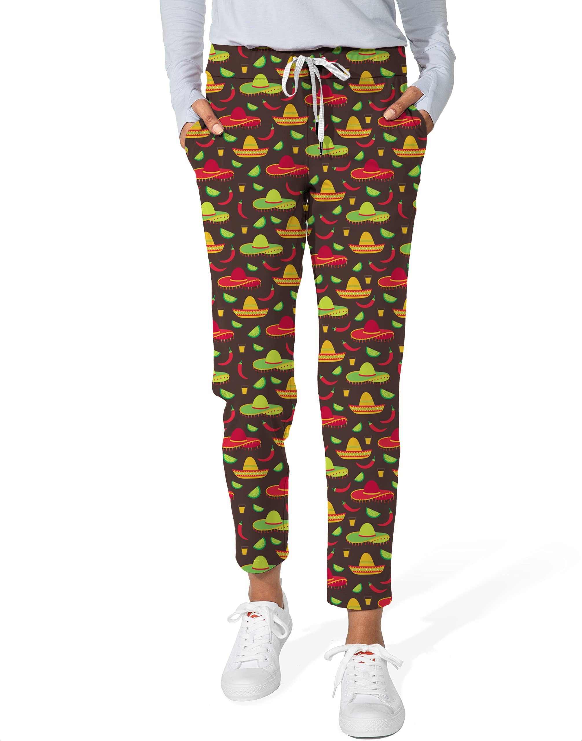 Taco Tuesday-Women's 7/8 stretch ankle golf pants with colorful sombrero and chili pepper pattern