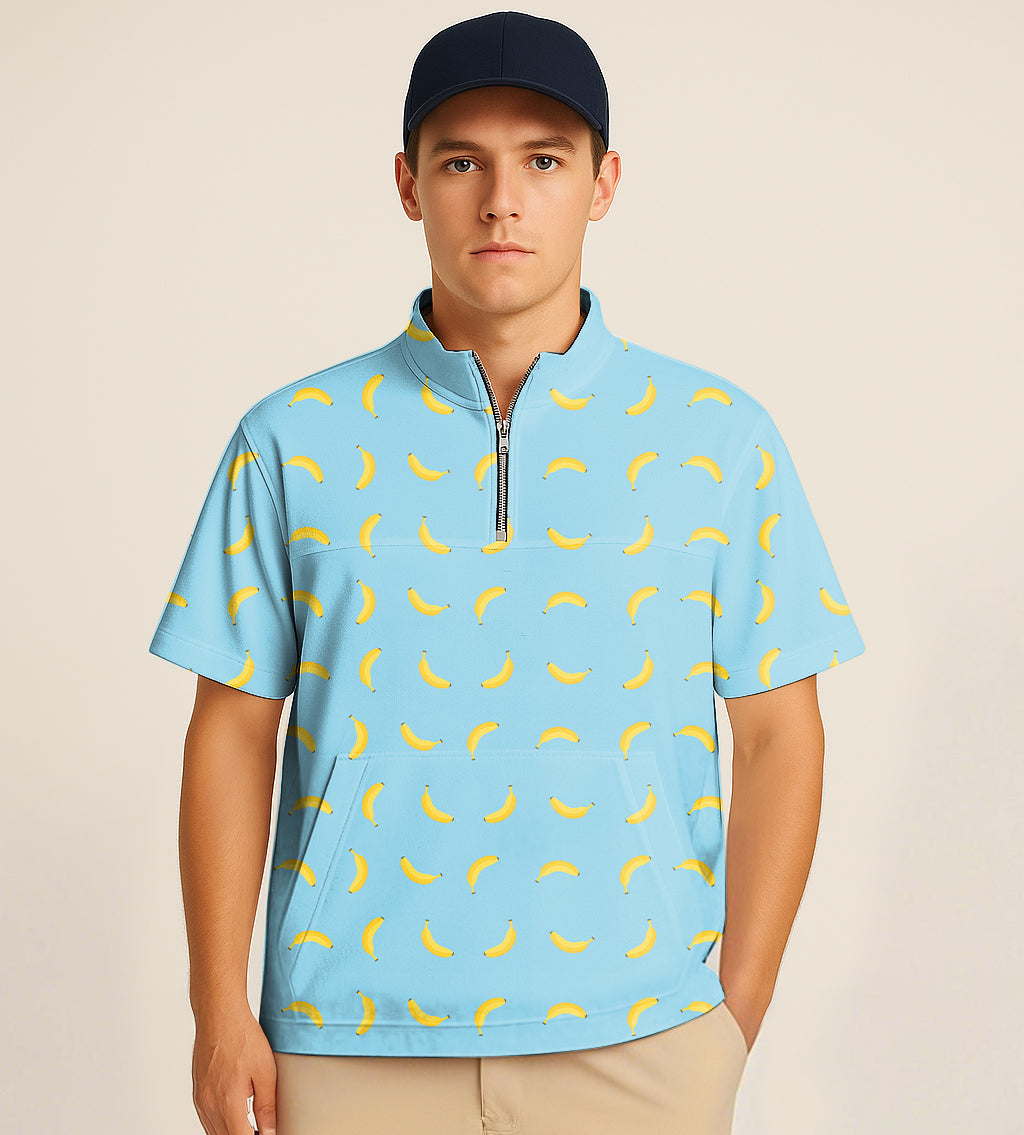 Men's half zipper turtleneck golf shirt with banana embroidery in light blue