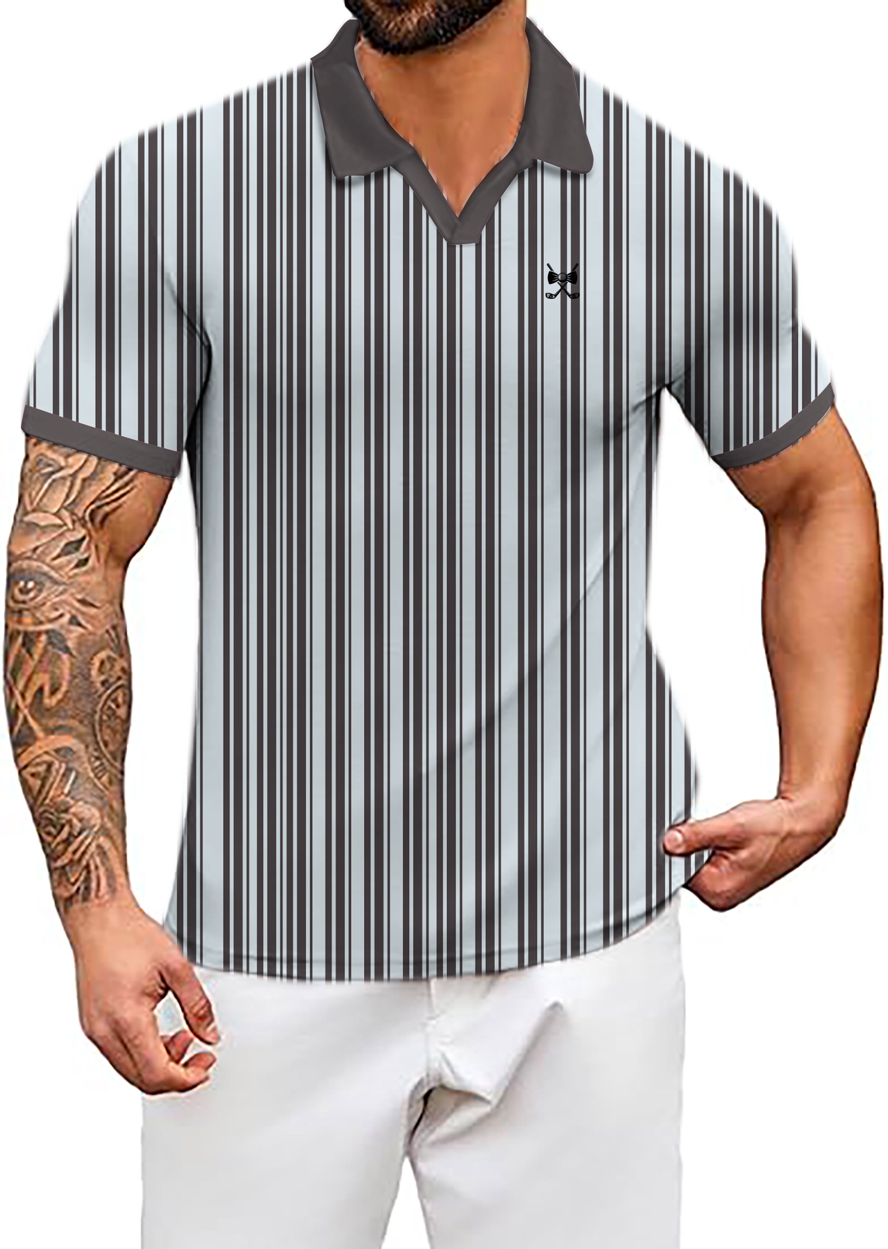 Men's Black Vertical Stripes V Neck Golf Polo Shirts
