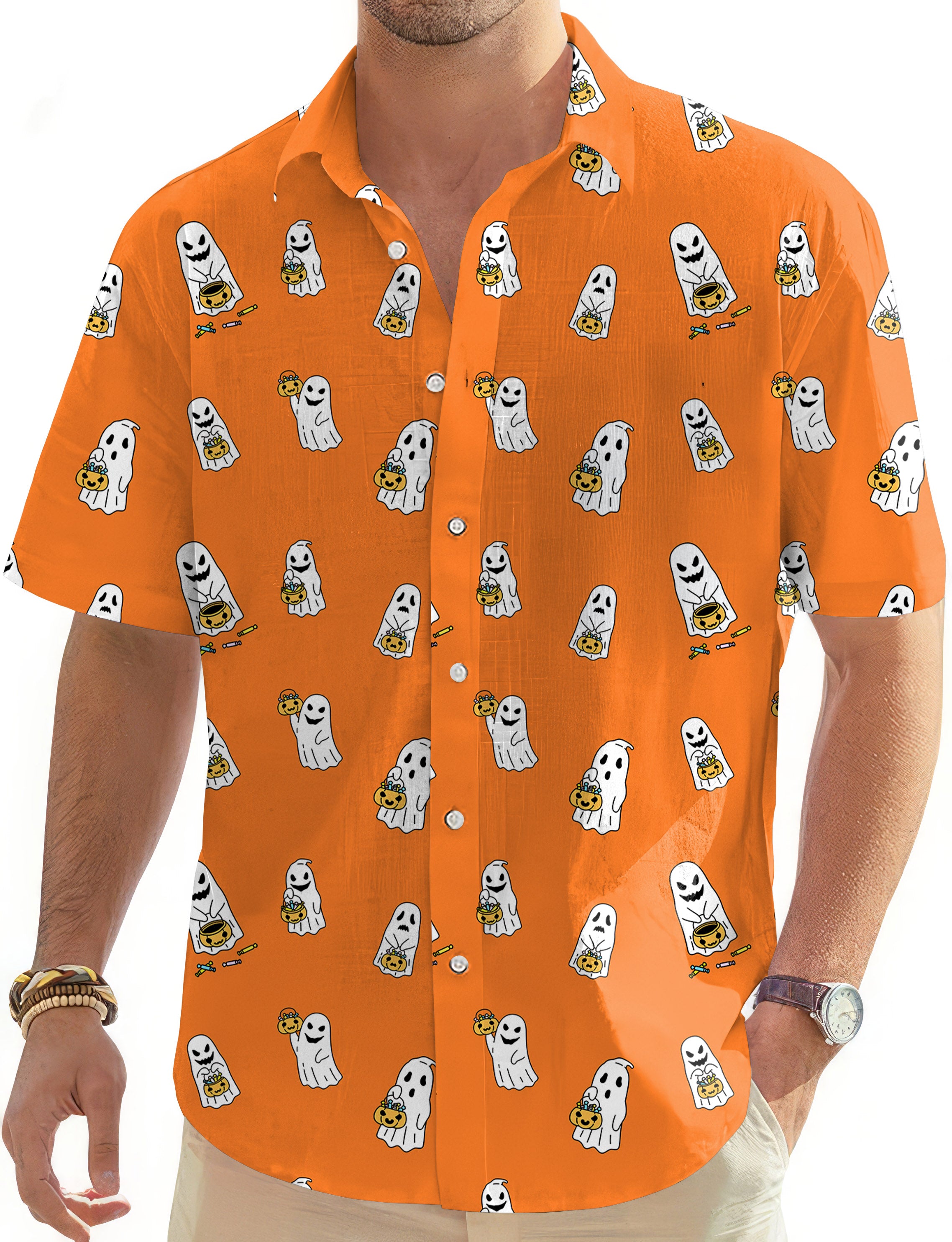 Halloween Ghost Pumpkin Basket Custom The Background Color Men's Golf Hawaiian Shirts Button Down Shirt