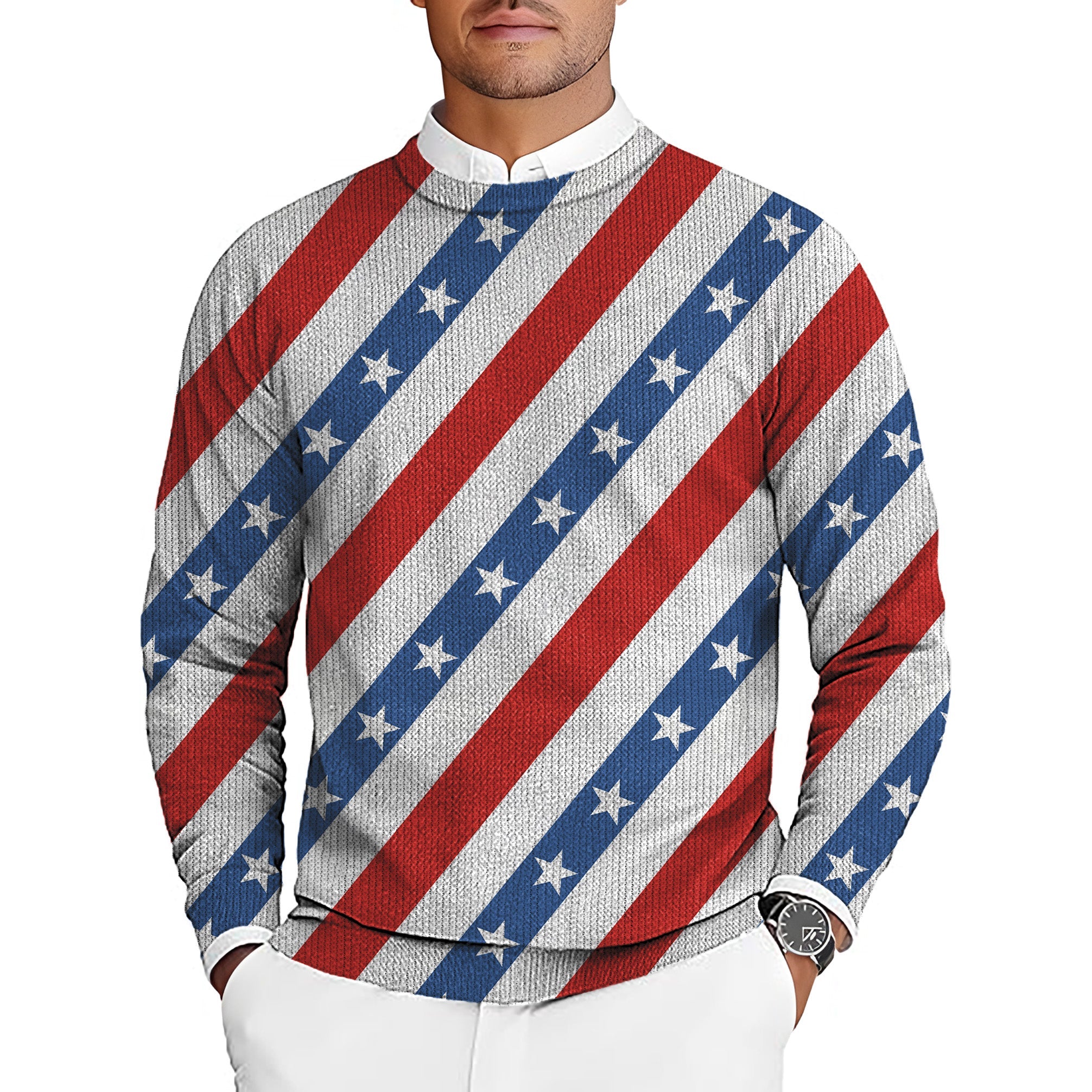 American President Day men's golf crewneck pullover sweater with red, white, and blue star-striped design
