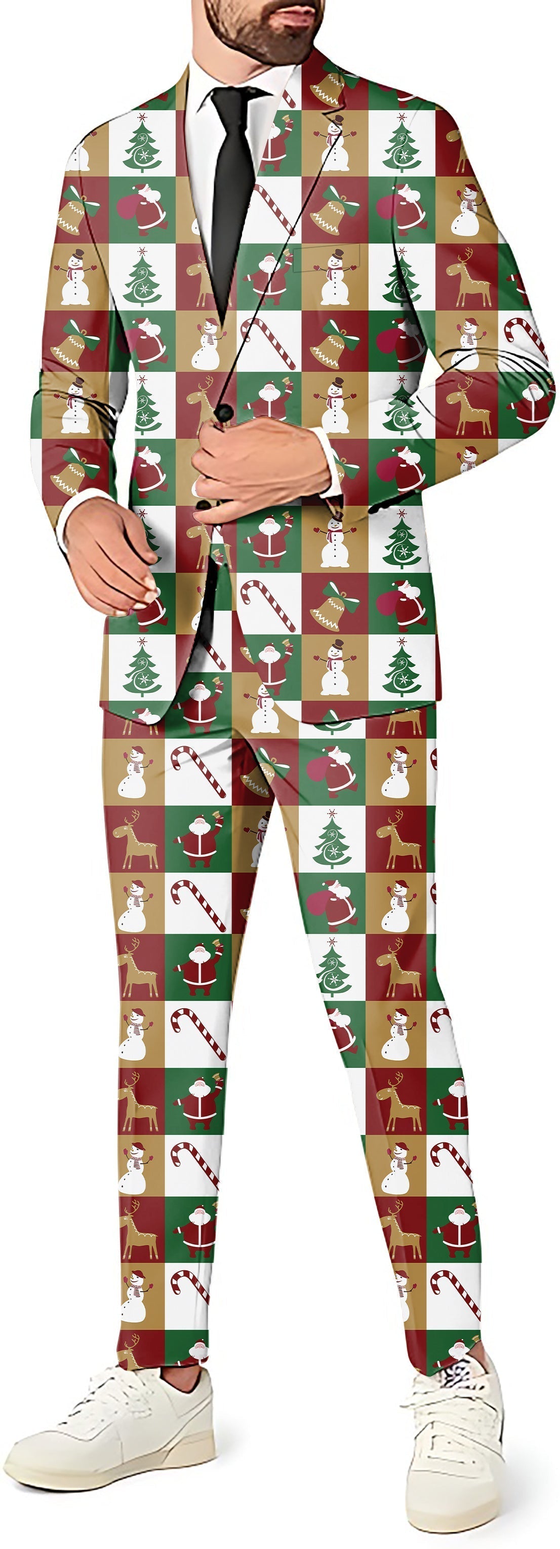 Marry Christmas men's slim fit blazer pants and vest suit with festive holiday pattern