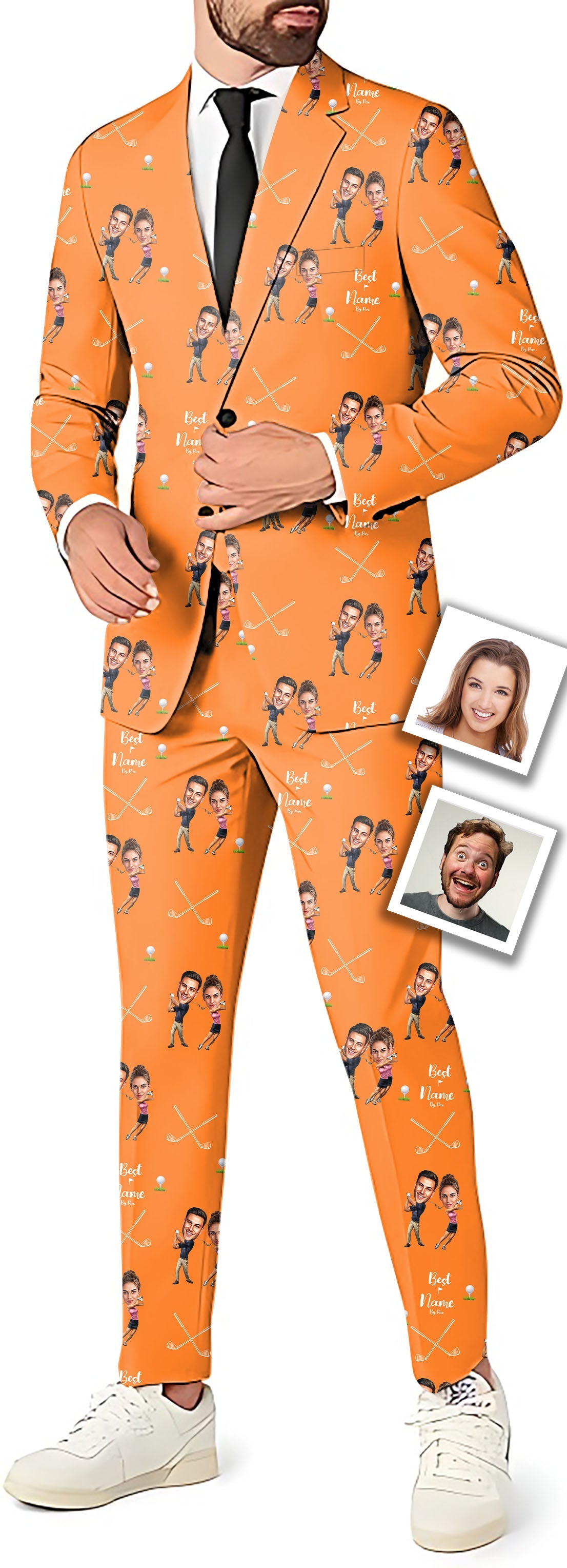 Custom couple photo face and name men's party suit set with blazer, pants, and vest in orange color