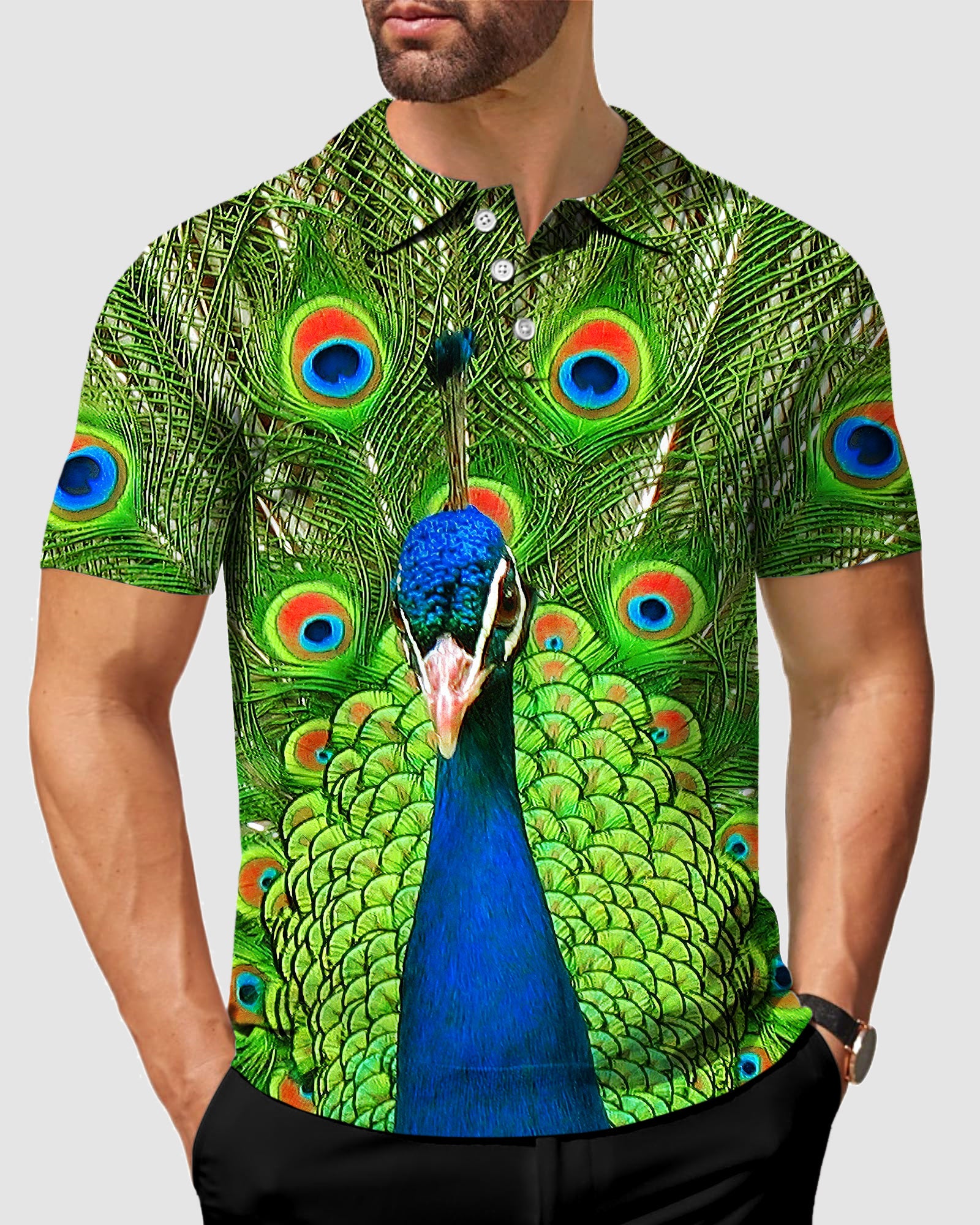 Men's peacock flaunting its tail Polo US In Stock