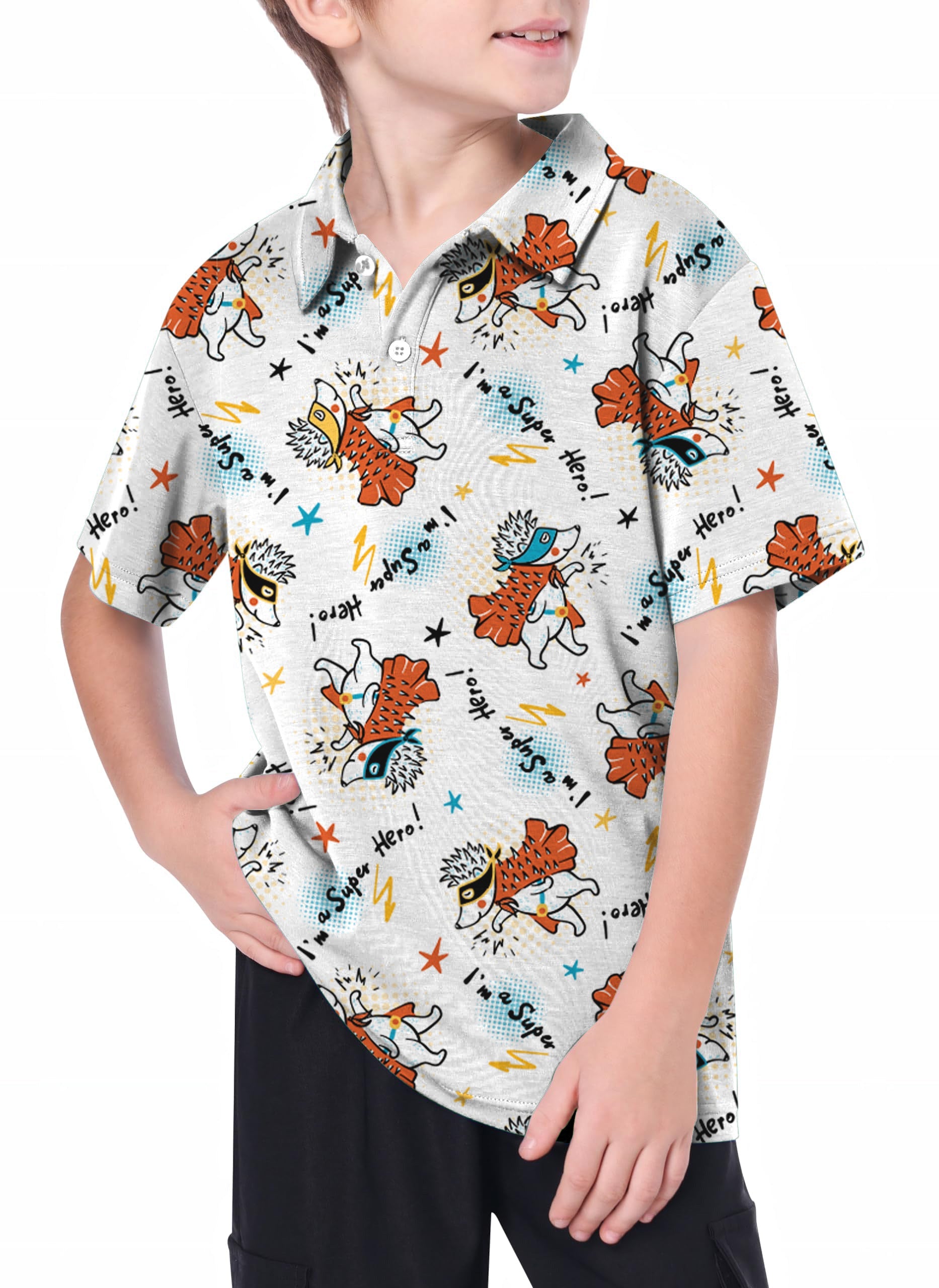 Youth Handsome Hedgehog golf polo shirt with colorful hedgehog print for kids
