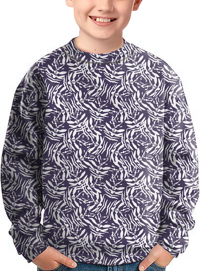 Kids navy crewneck pullover with abstract white leaf pattern