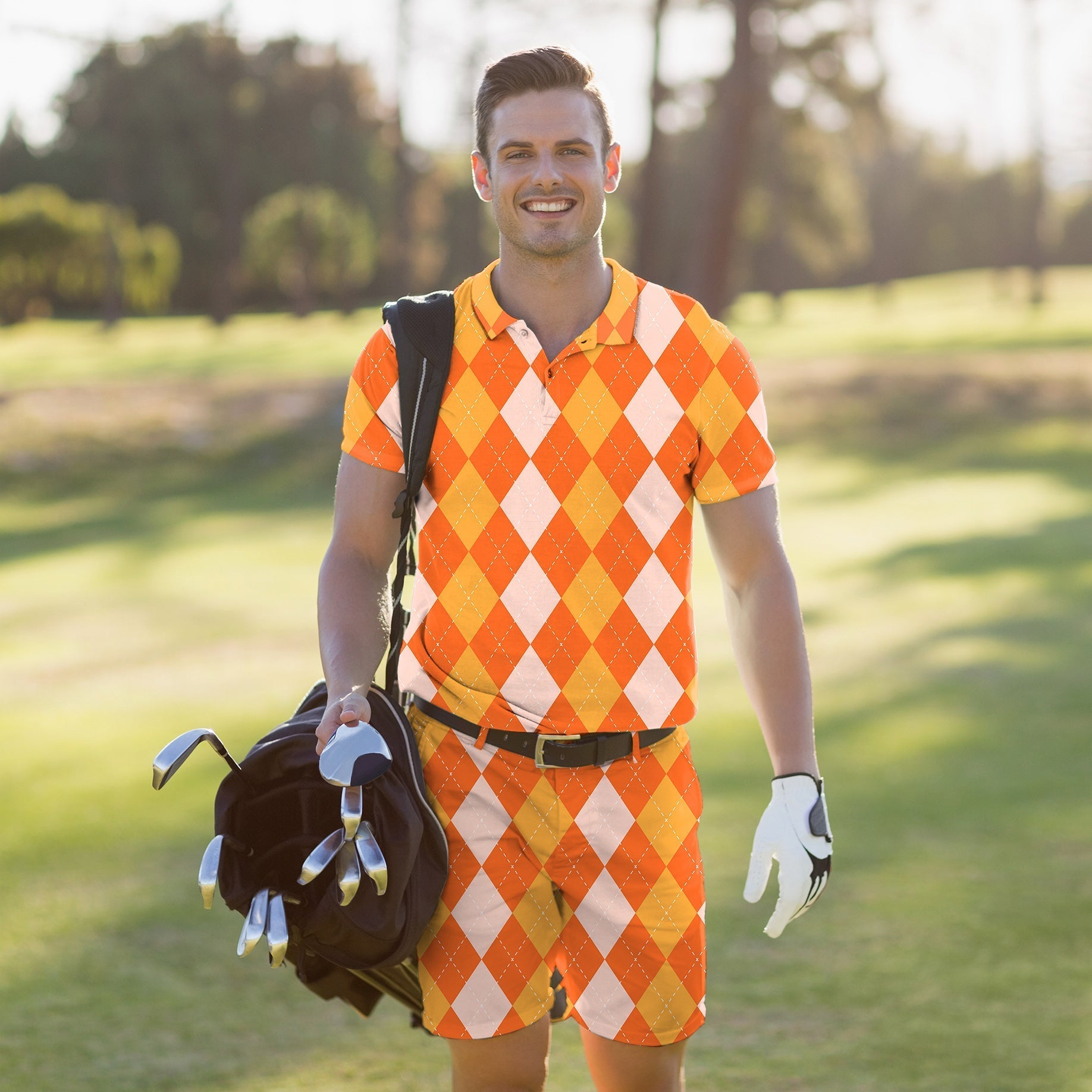 Men's golf set polo and shorts in Halloween orange apricot argyle pattern with moisture-wicking fabric and UPF 40+ protection
