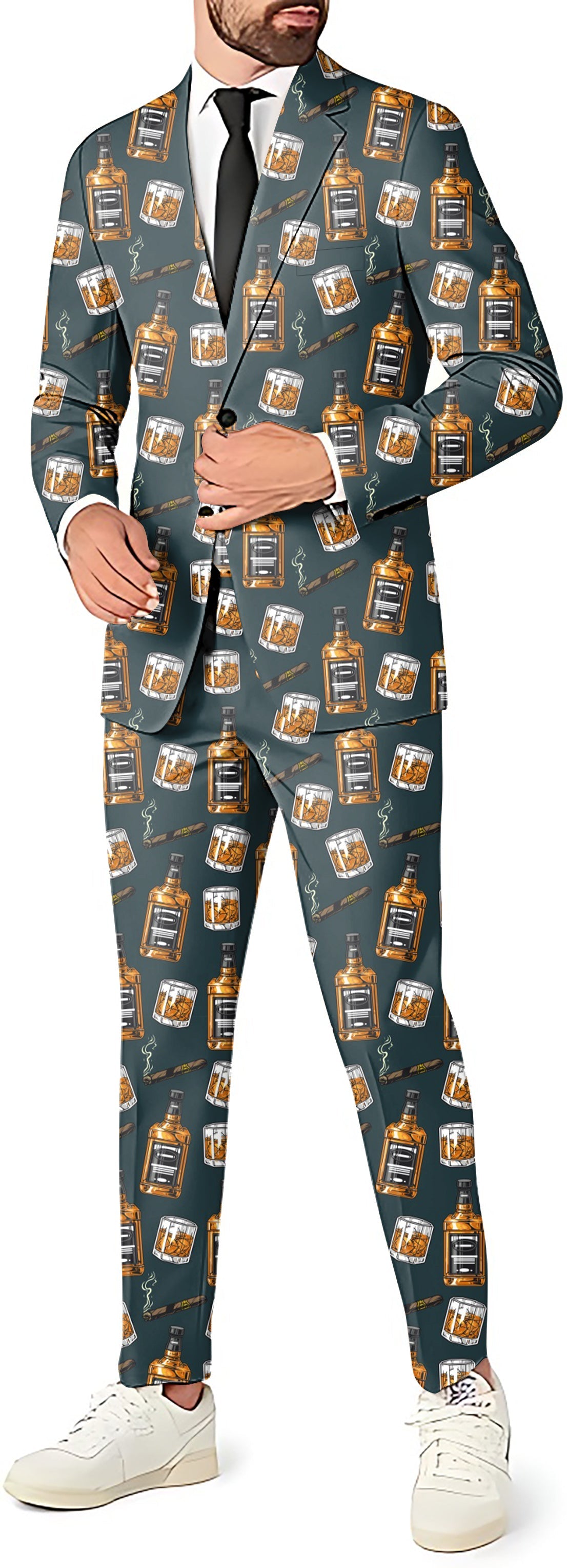 WHISKEY CIGARS men's party suit with blazer, pants, and vest featuring whiskey and cigar print