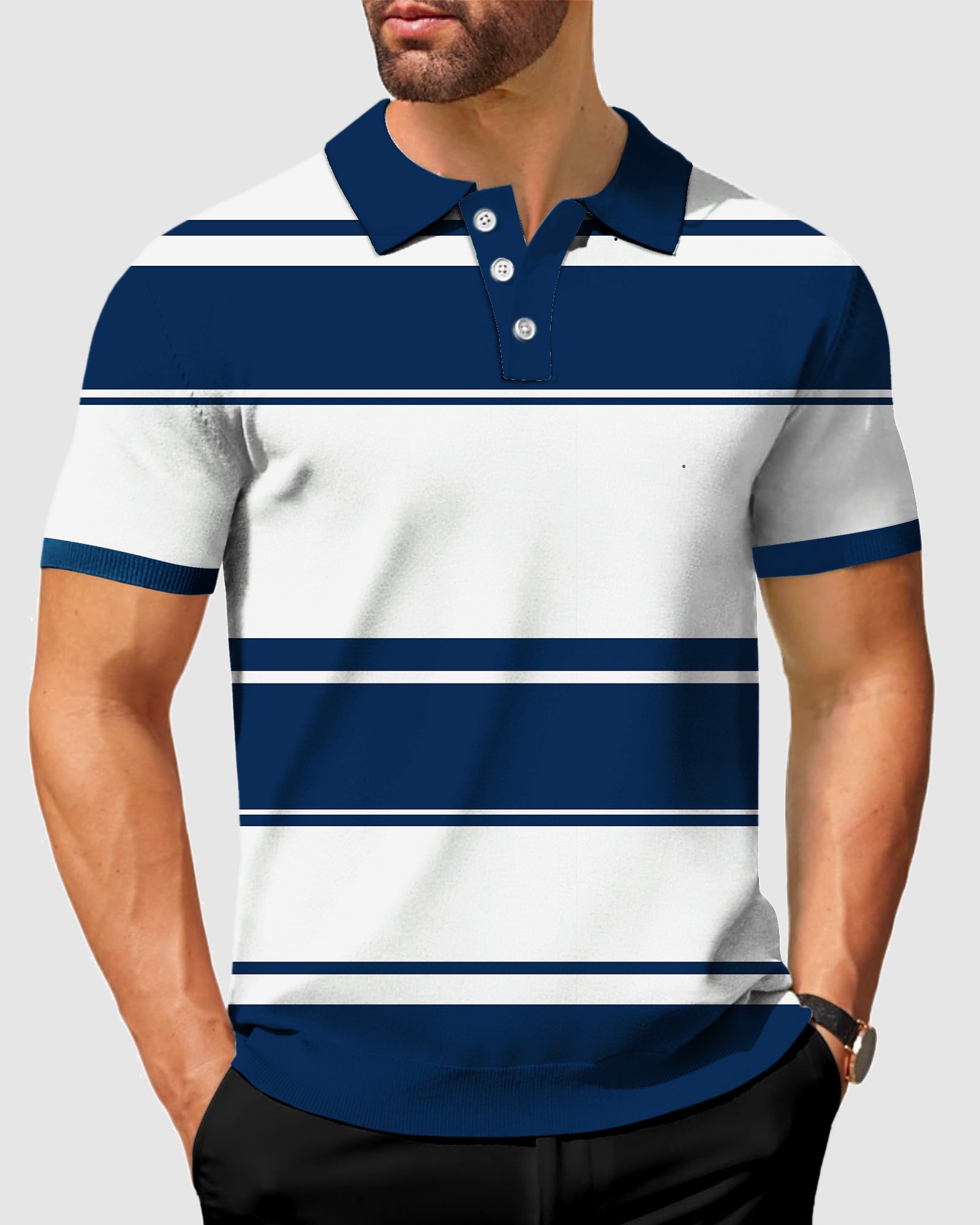 Men's thick horizontal striped polo shirt with navy and white design, moisture-wicking fabric, and classic fit