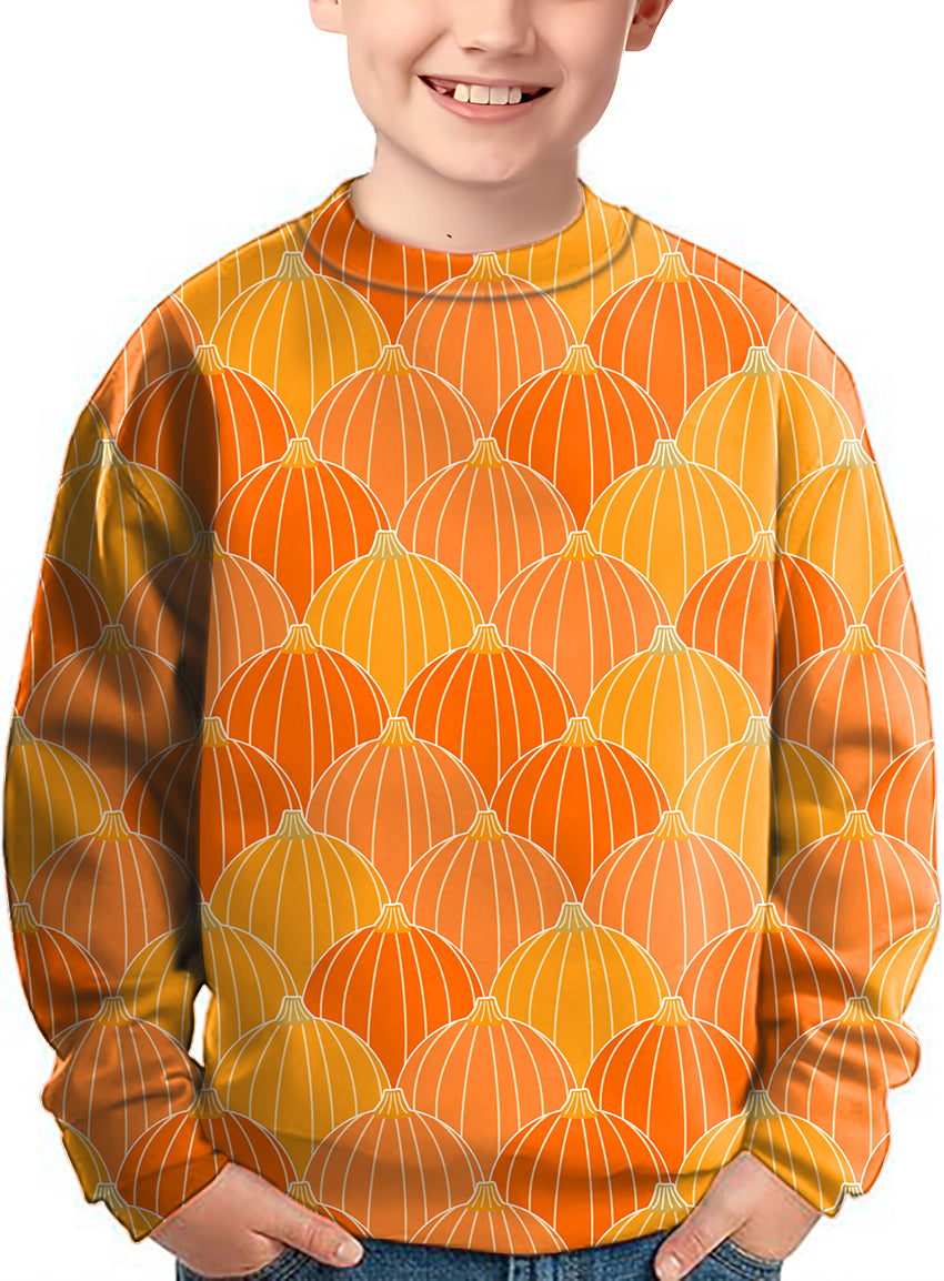 Kids Halloween Thanksgiving pumpkin-themed orange crewneck pullover sweater