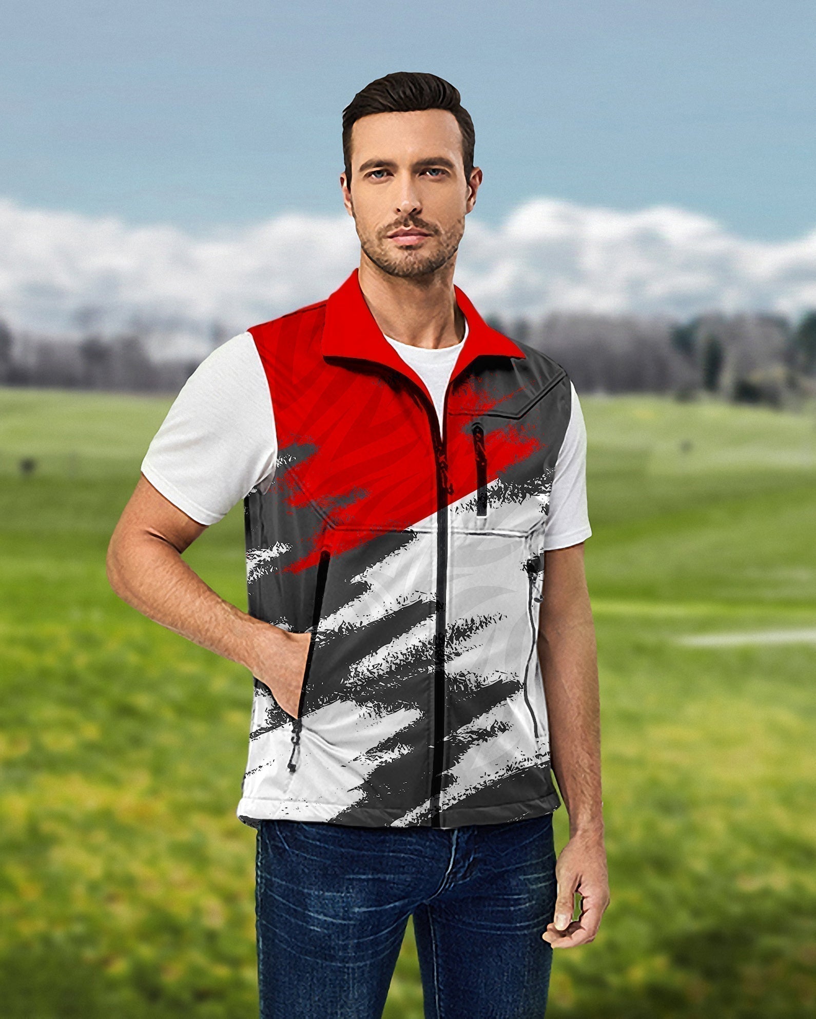 Men's red custom softshell vest sleeveless jacket for golf, windproof and waterproof competition uniform