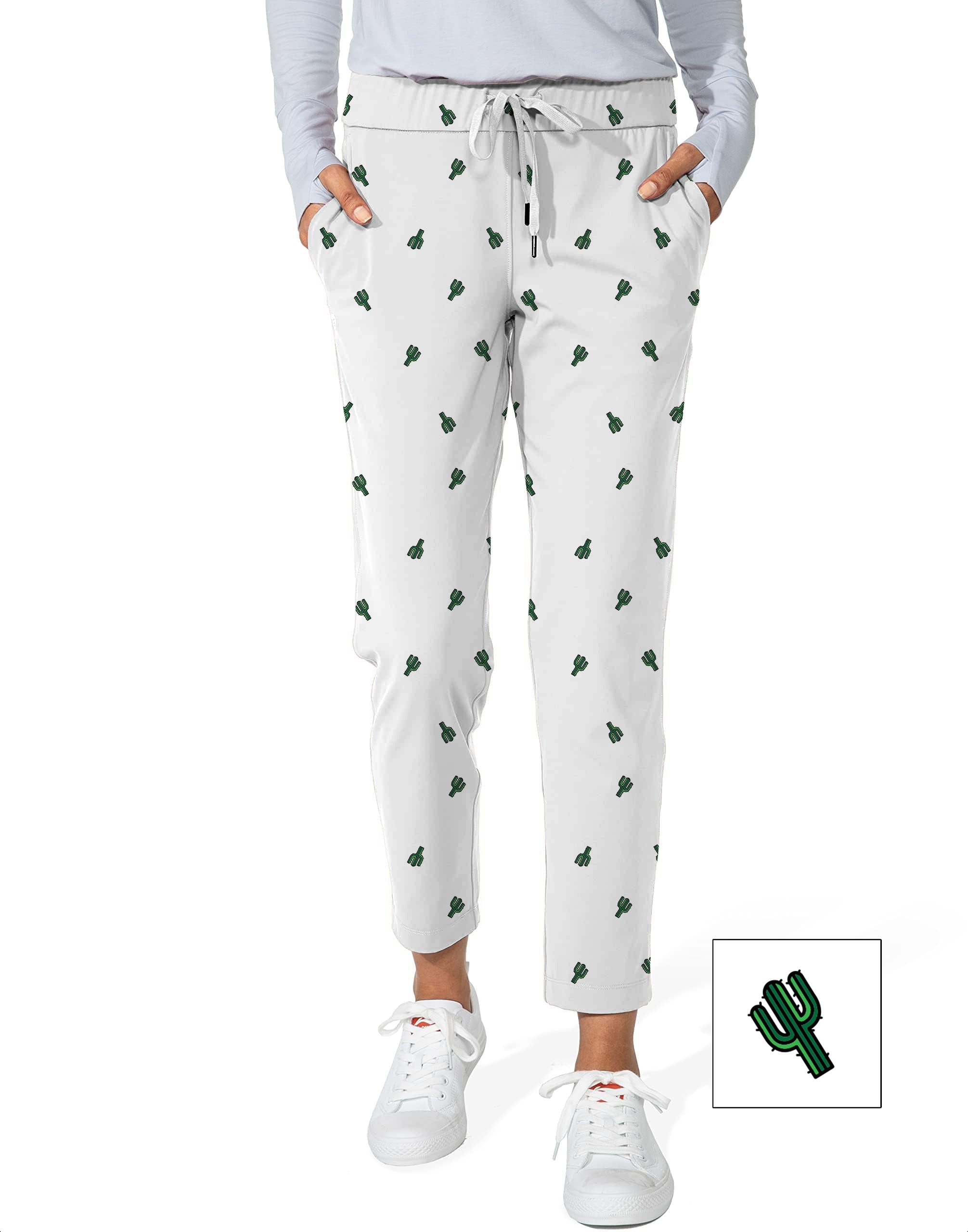 Cactus Custom women's white 7/8 stretch ankle golf pants with green cactus print