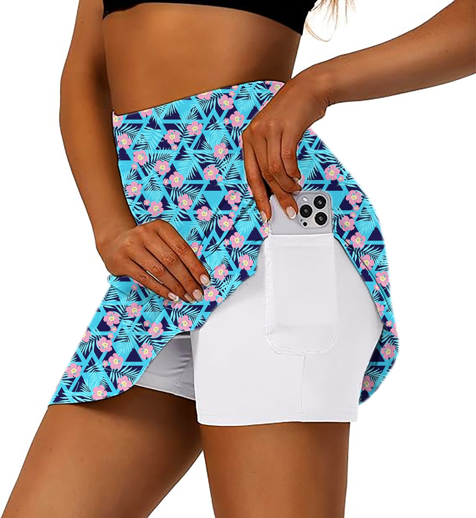 Women's Tropical Bloom golf skirt with inner shorts and phone pocket, tropical floral print