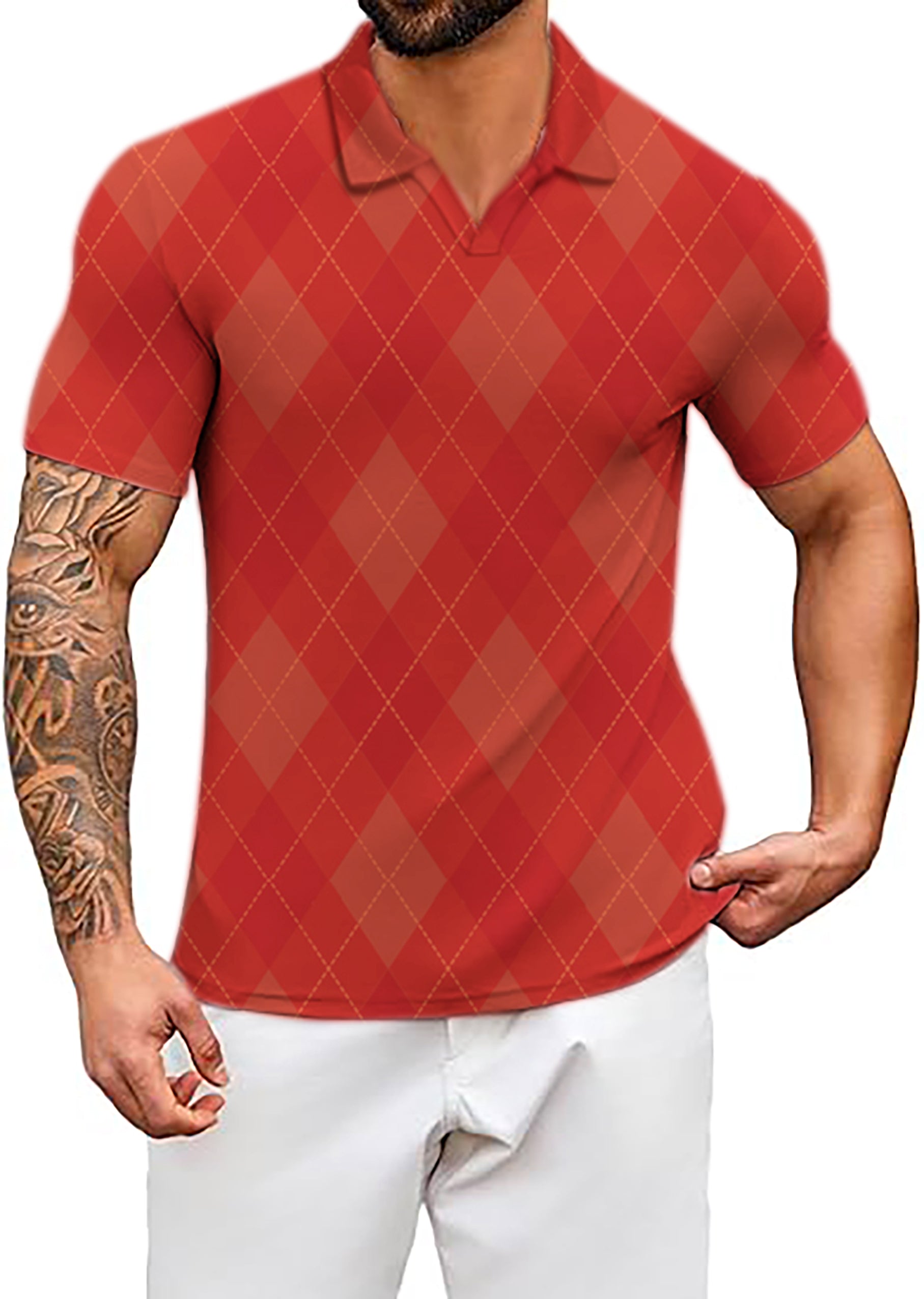 Men's red Argyle V Neck Golf Polo Shirts
