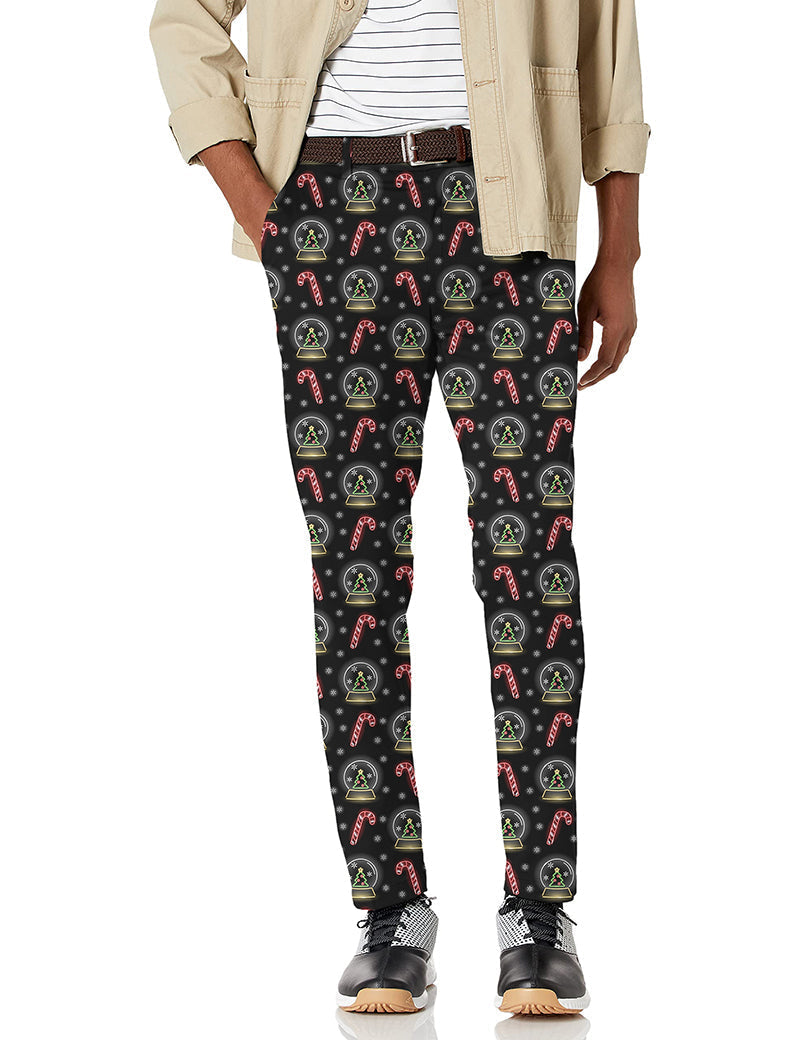 Men's Christmas decoration snowball stretch golf pants with candy cane pattern and moisture-wicking fabric