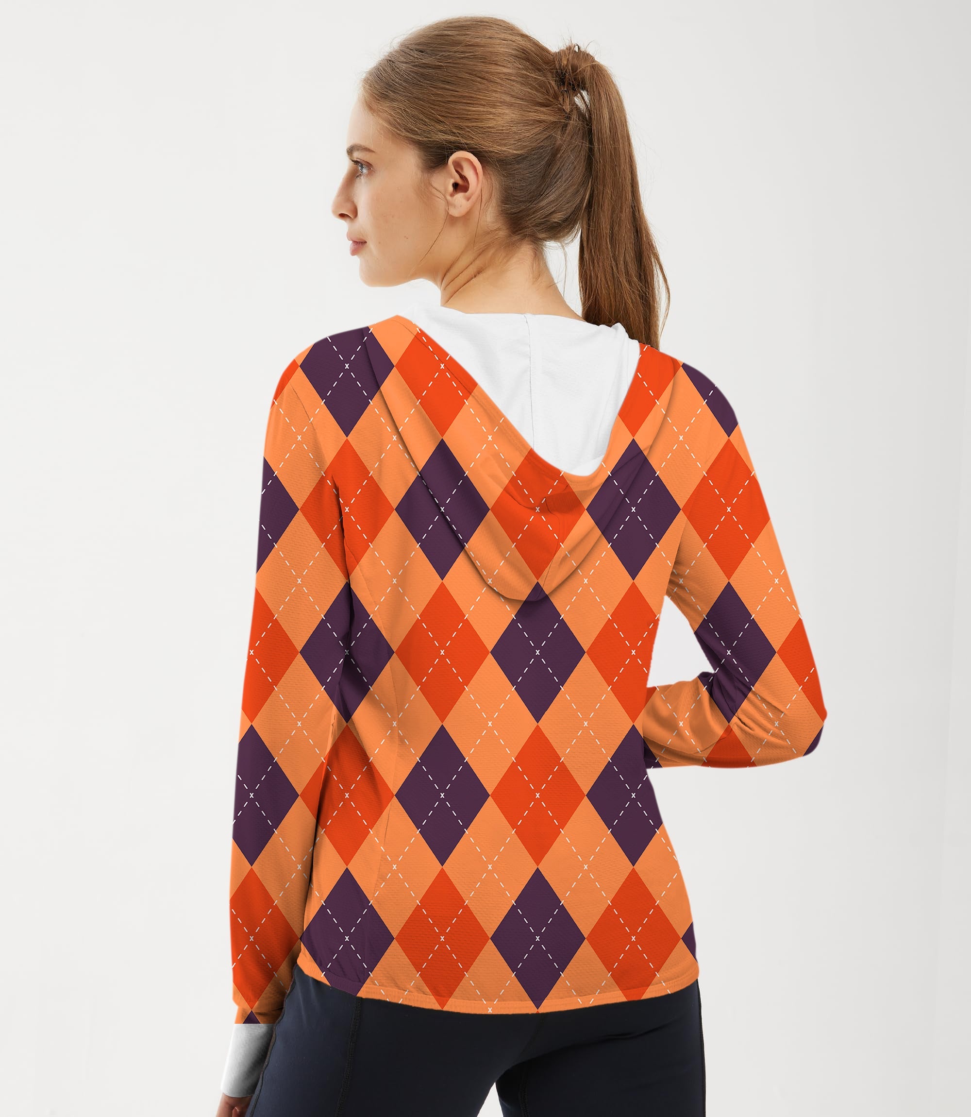 Women’s outdoor Halloween argyle golf hoodie in black, red, and orange with sun protection and slim fit design