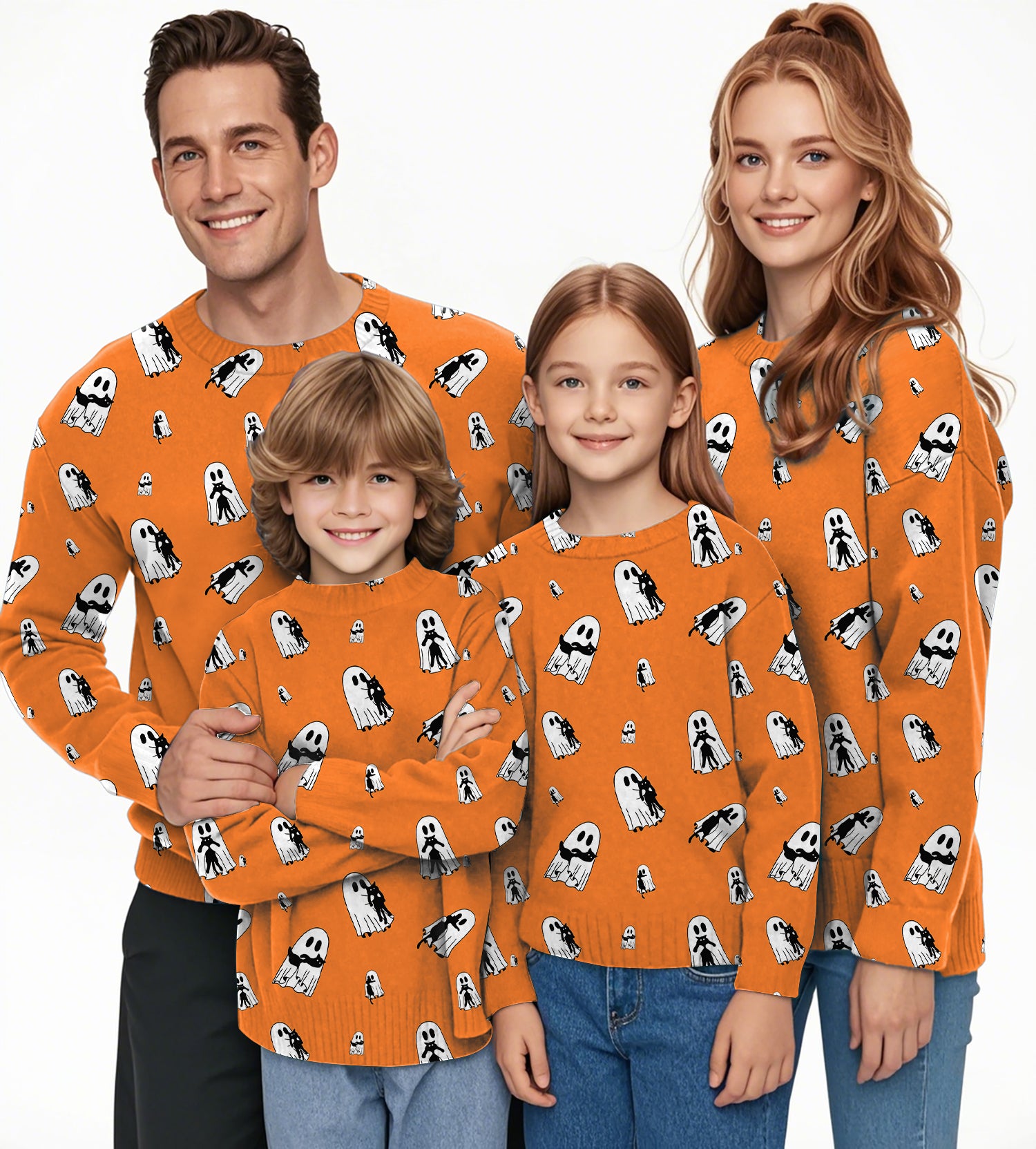 Halloween Ghost Hug Cat Custom The Background Color Crewneck Pullover Ugly Sweater Men Women boy girl family