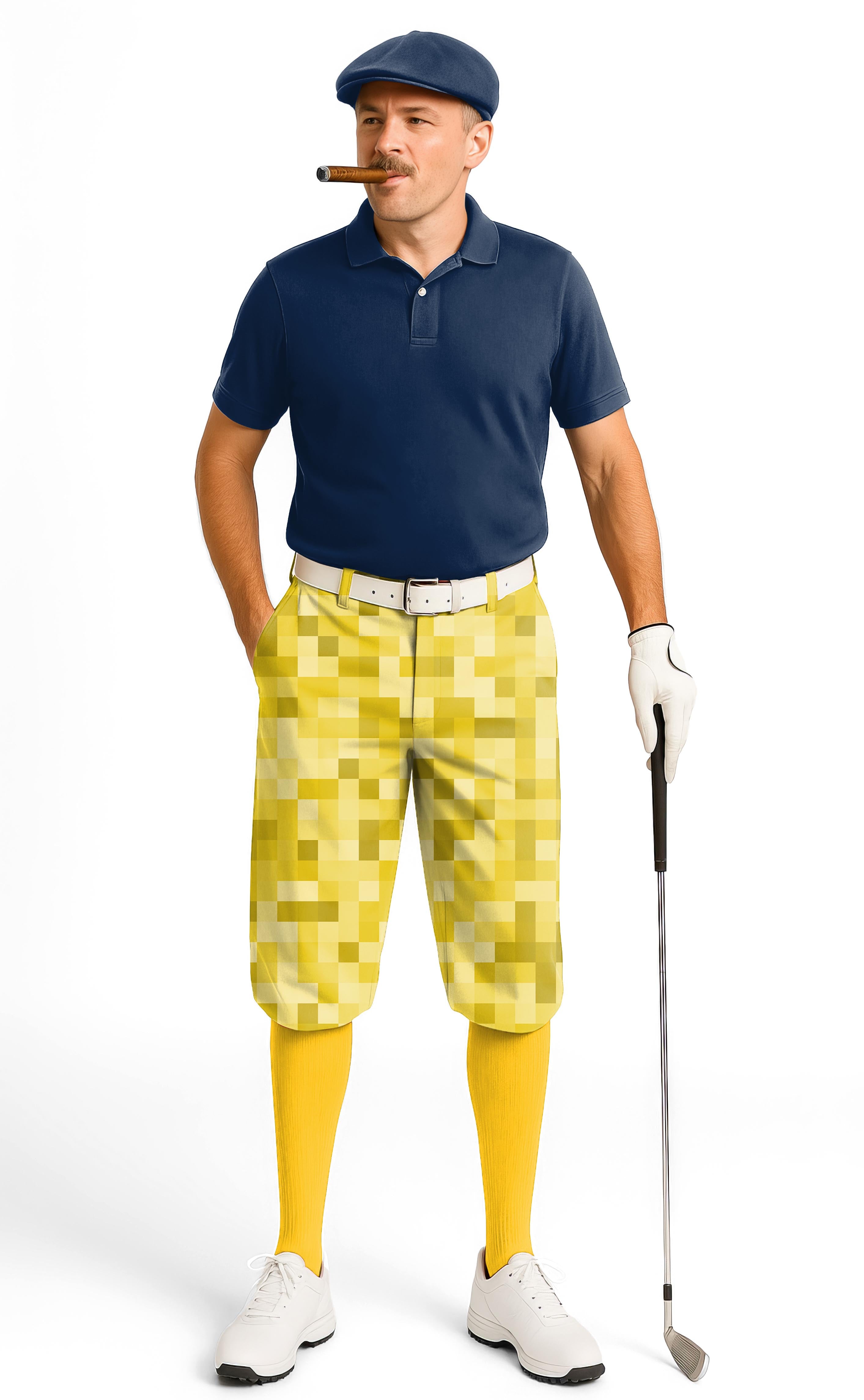 Man wearing Yellow Pixel Big Men's Golf Knickers Pants with yellow pixel pattern, navy polo, yellow socks, white belt, and golf glove holding a golf club.