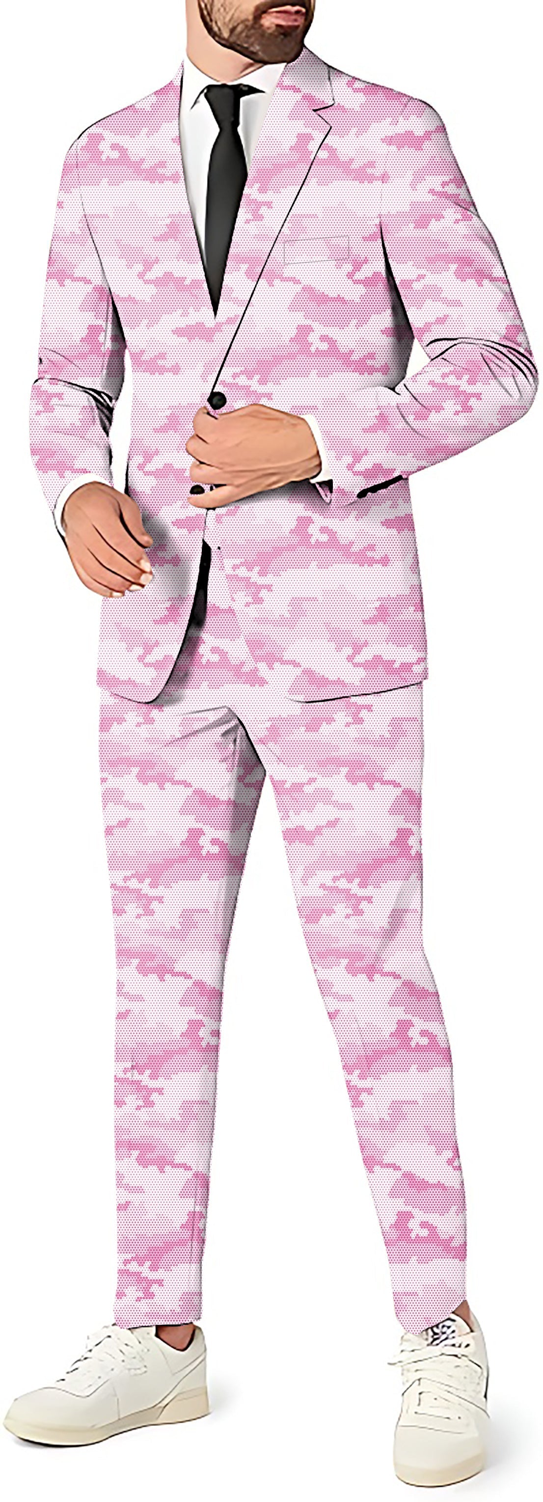 Pink hex camo men's slim fit three-piece party suit with blazer, vest, and pants