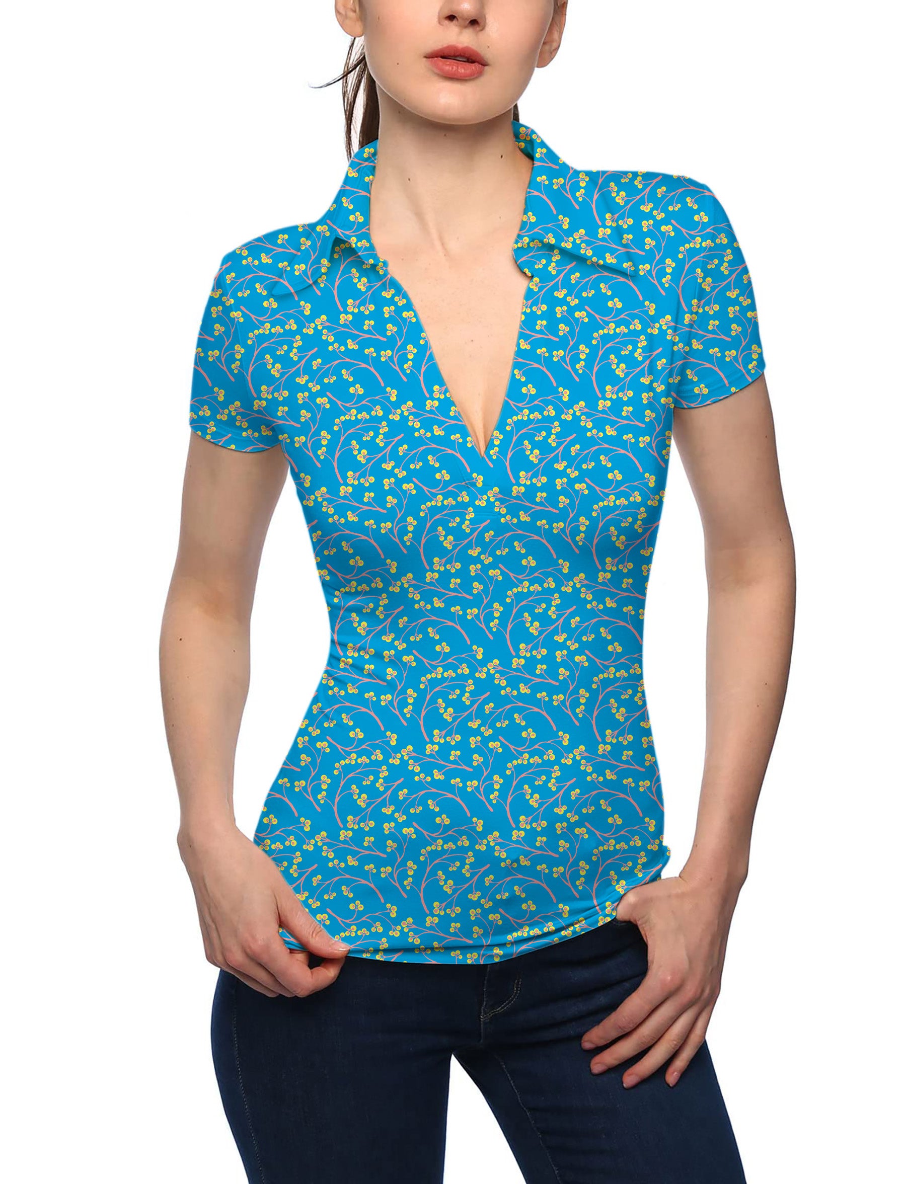 Women's Blue Flowers V Neck Golf Polo