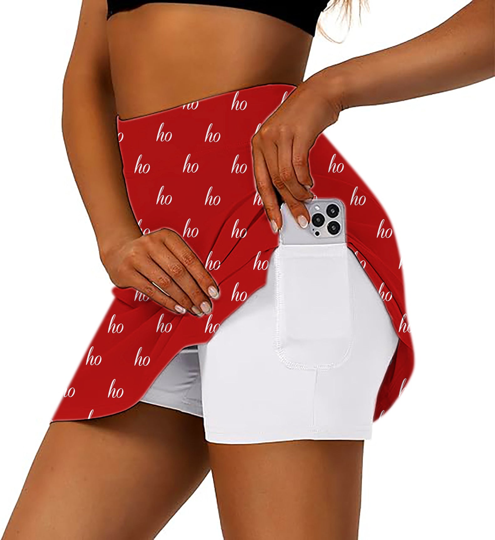 Women's -Red Custom Name Christmas Golf Skirts Inner Shorts Pocket