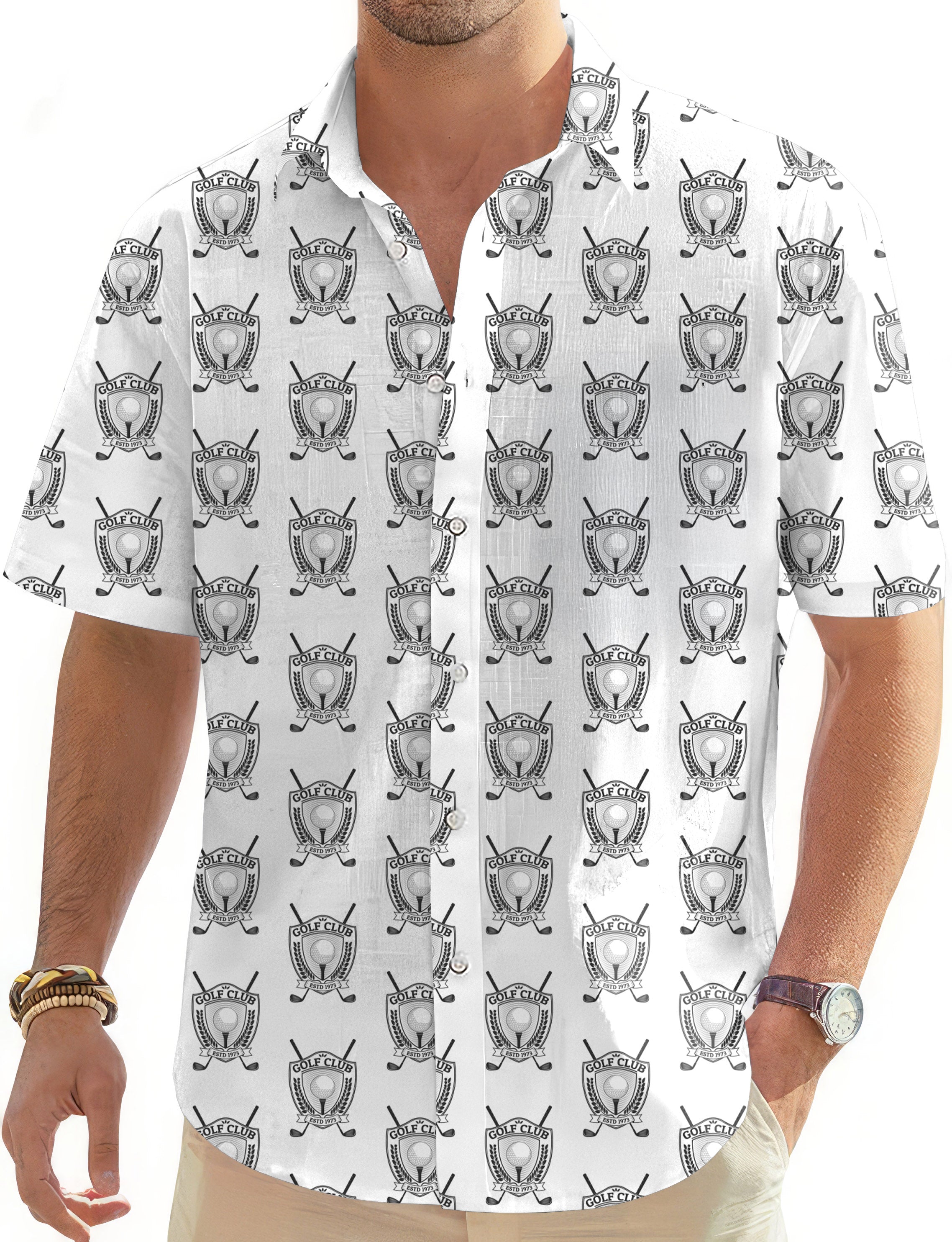 Golf Club Men's Golf Hawaiian short sleeve button-down shirt with patch pocket and classic collar design
