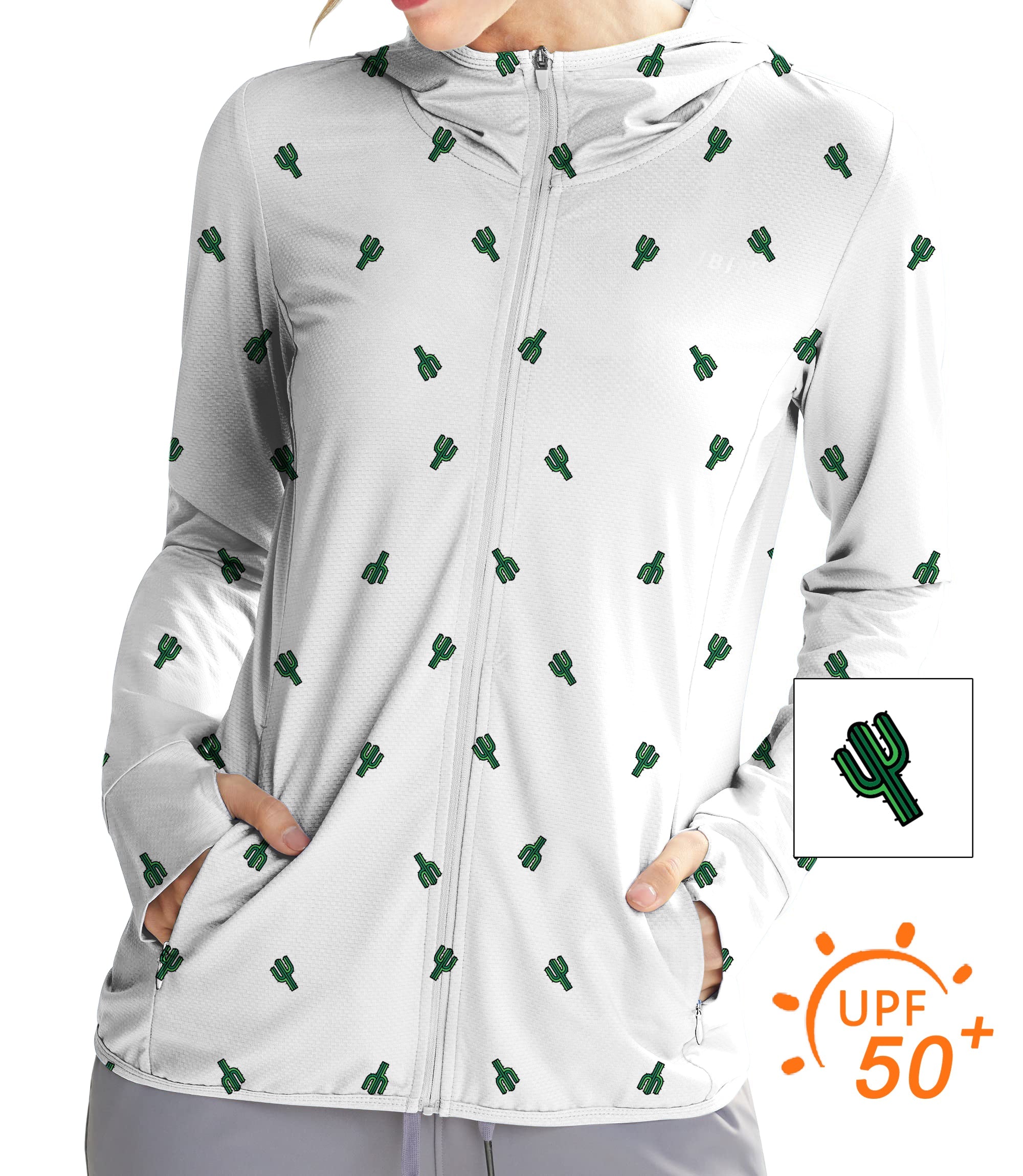 Women's outdoor cactus print slim fit golf sun protection zip hoodie with UPF 50+ and thumb holes
