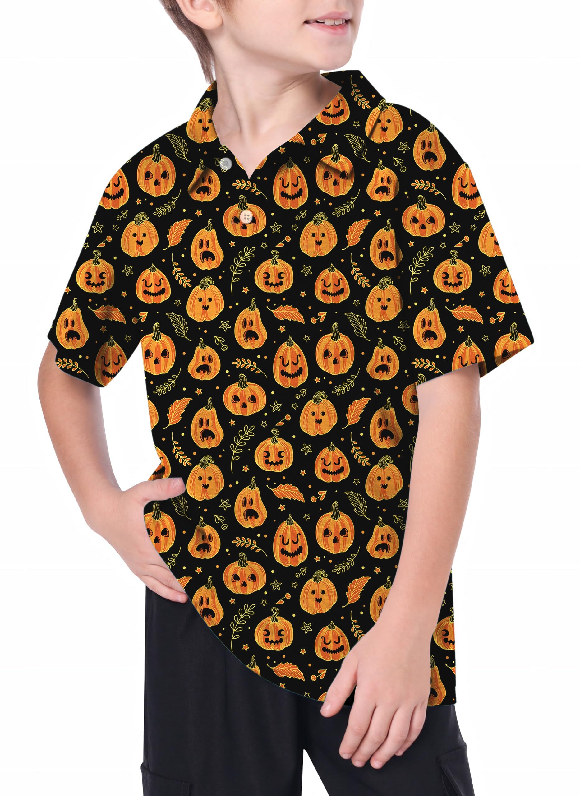 Youth Halloween Kawaii Pumpkin bones golf polo shirt with orange pumpkin faces on black background worn by child