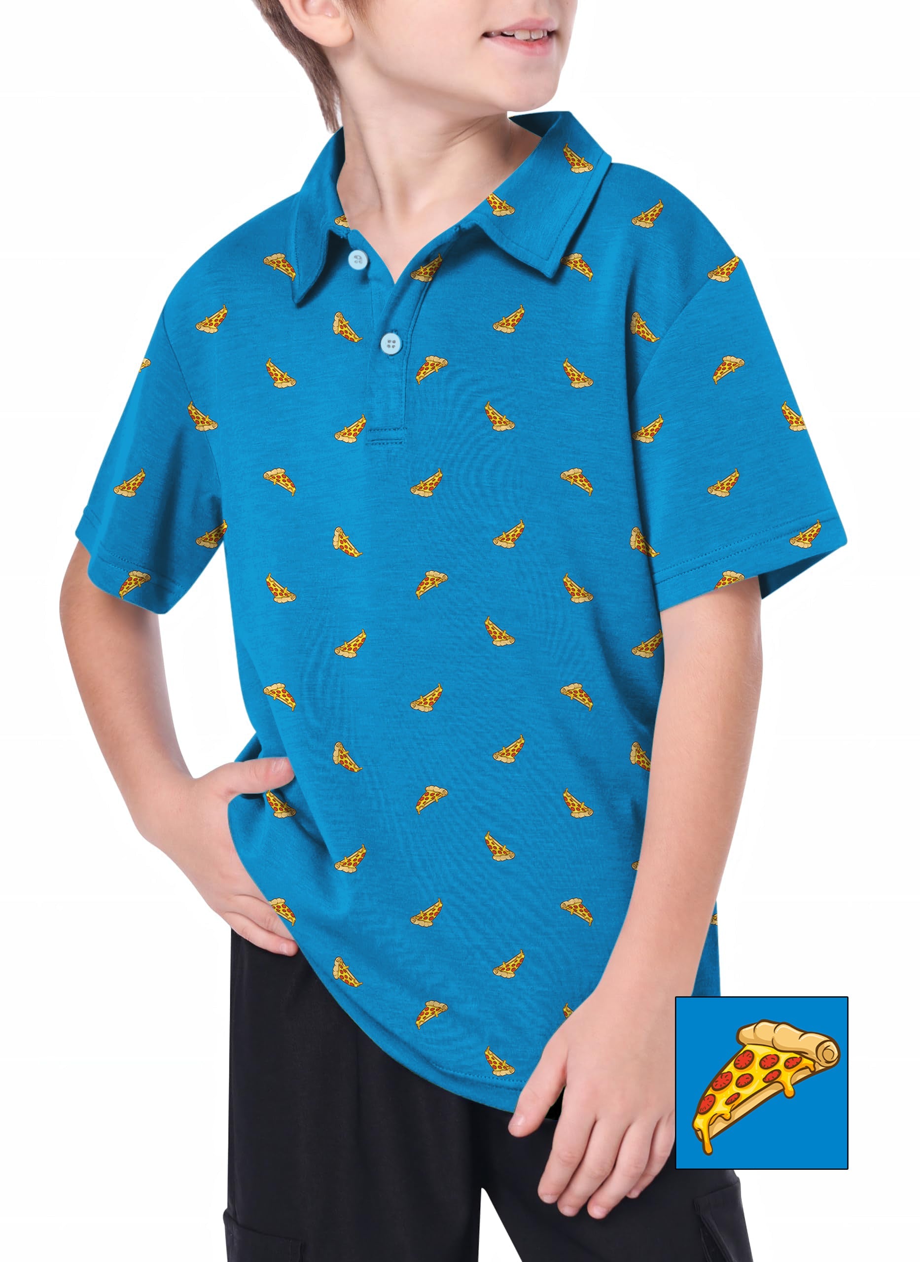 Youth golf polo with white pizza slice pattern on blue background for kids