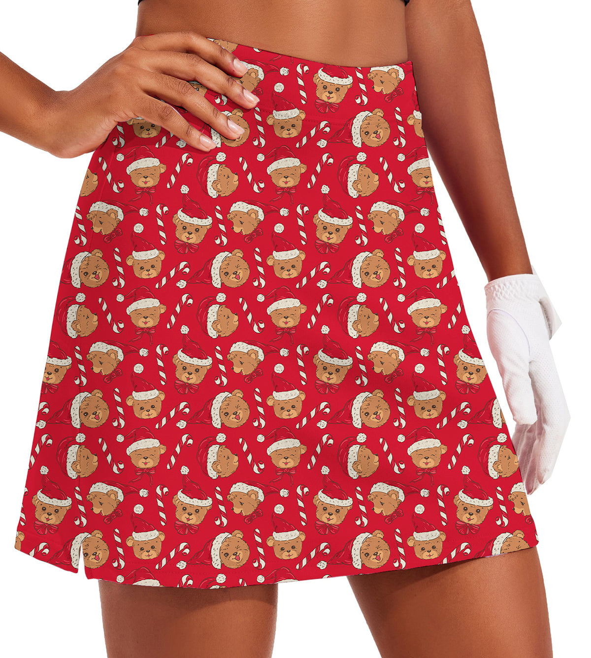 Women's - Red Christmas Teddy Bear Golf Skirts Inner Shorts Pocket
