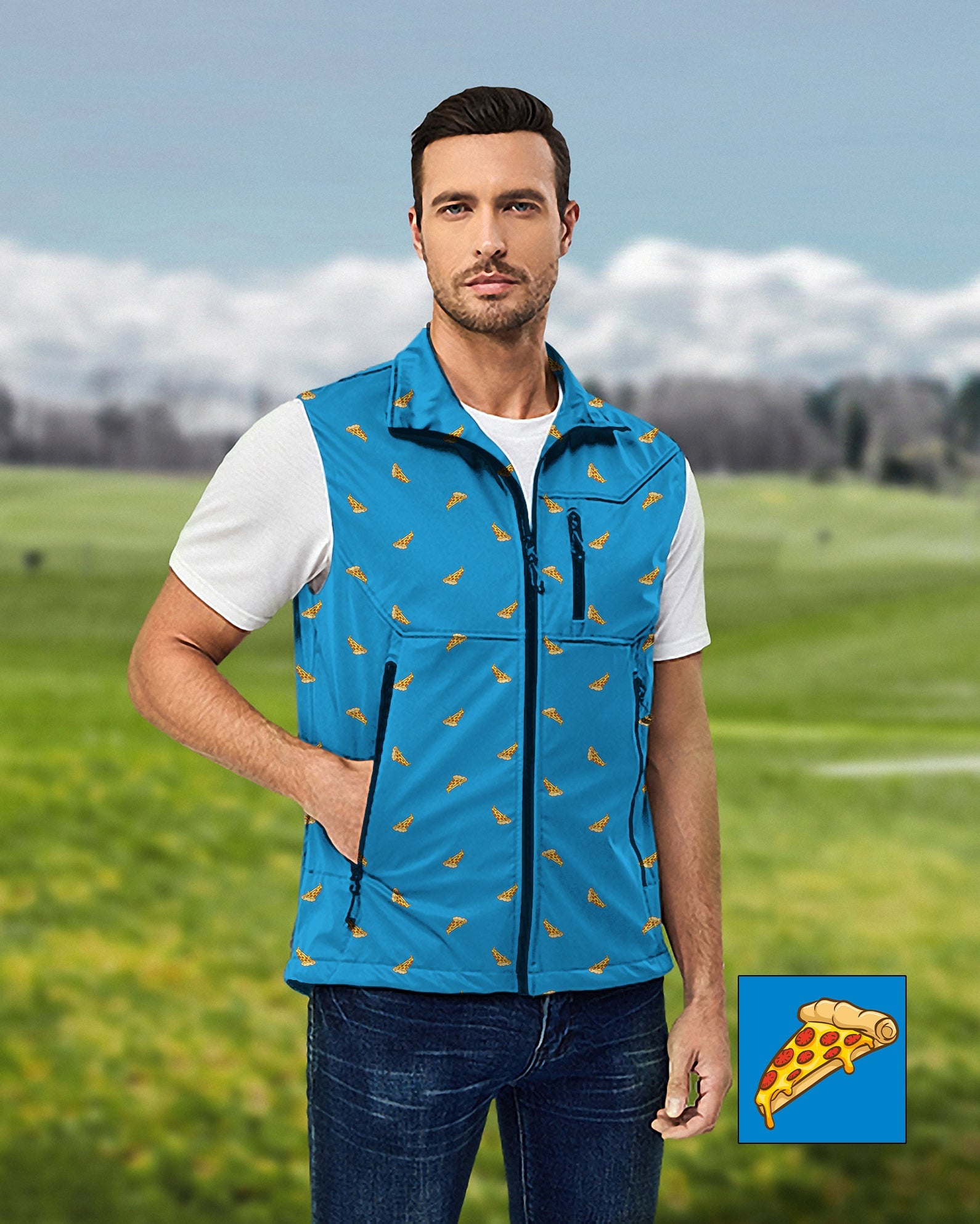 Men's lightweight softshell vest with delicious white pizza print, sleeveless, windproof and waterproof golf jacket