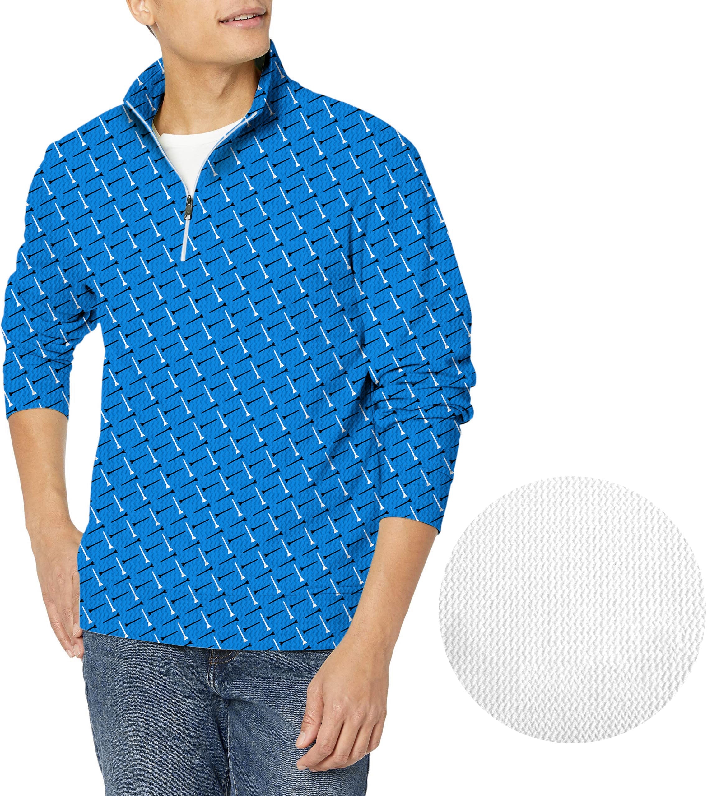 Men's golf waffle zipper pullover with customizable blue background color and white pattern