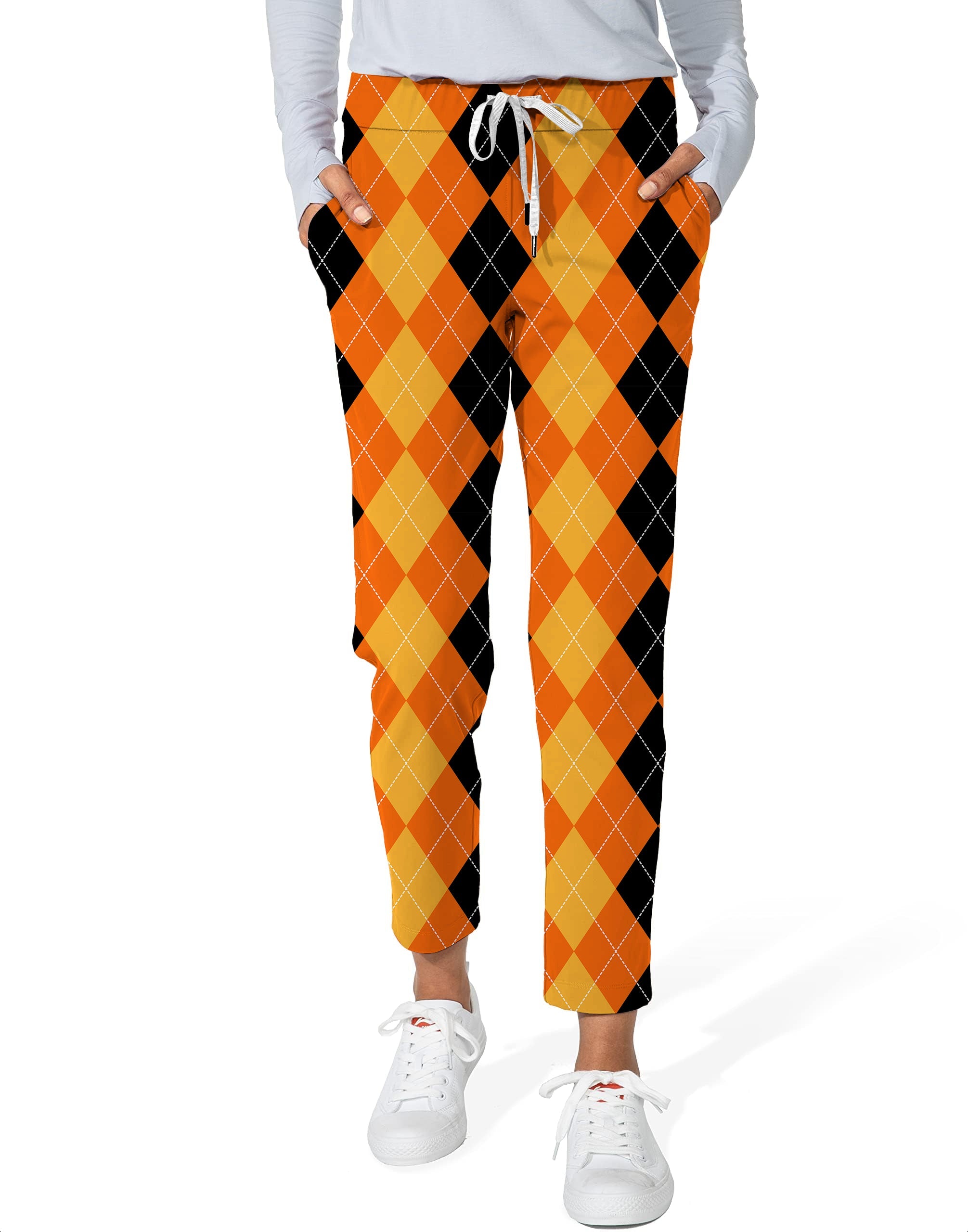 Halloween black yellow orange argyle women's 7/8 stretch ankle golf pants with drawstring and pockets