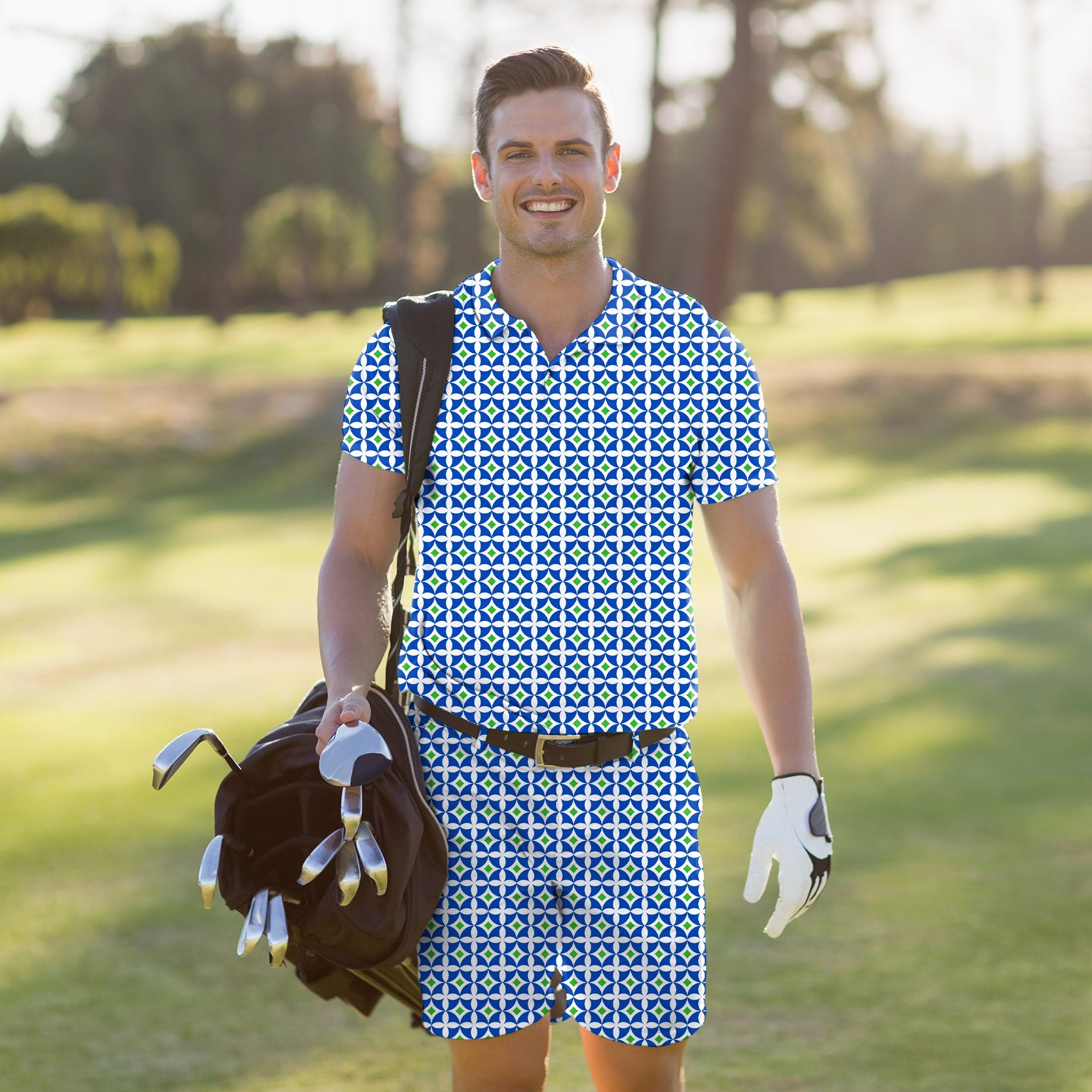 Men's golf set polo and shorts in blue-green diamond pattern with four-way stretch fabric and UPF 40+ protection