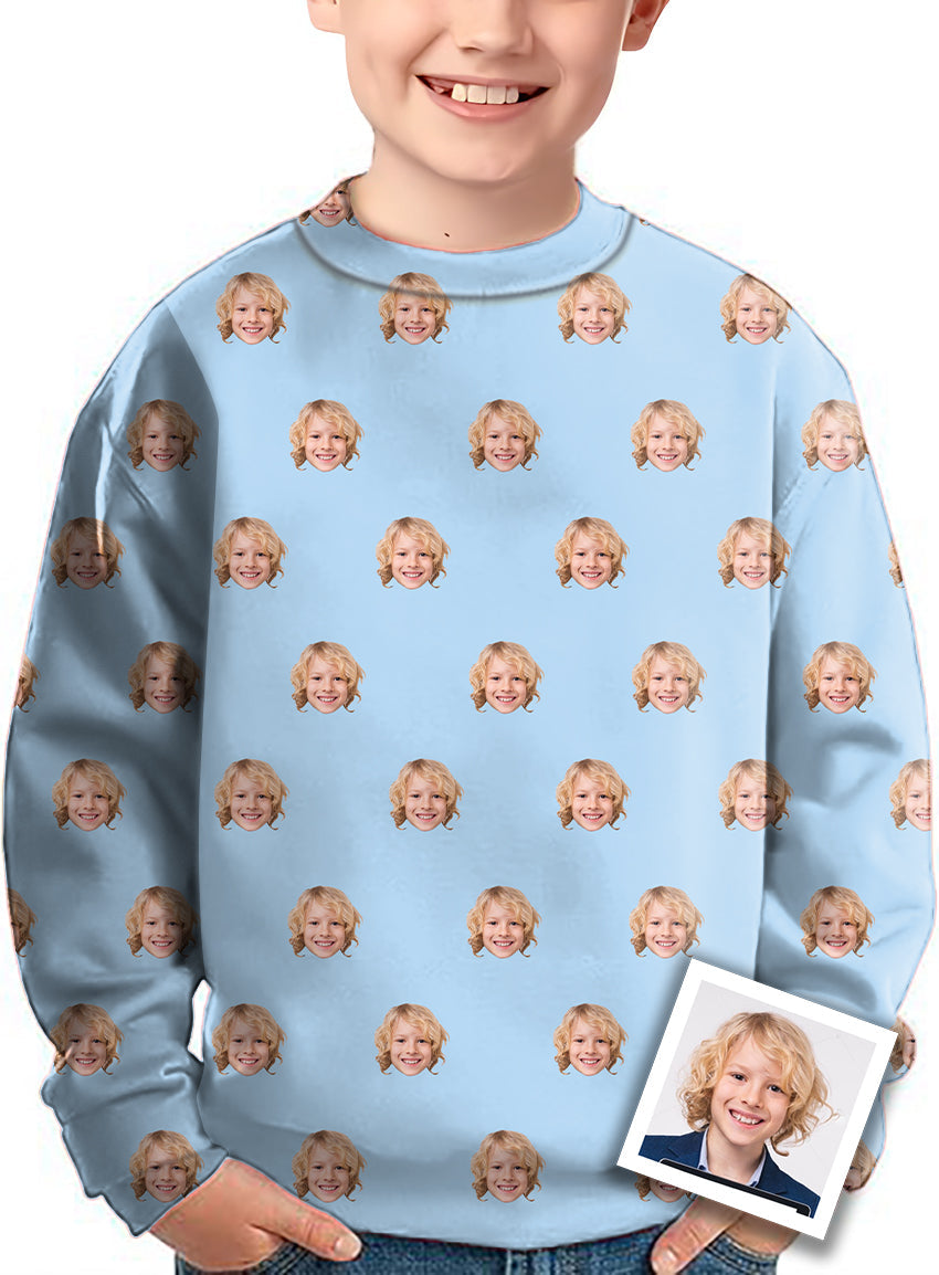 Custom photo funny face crewneck pullover kids sweater with repeated child face pattern