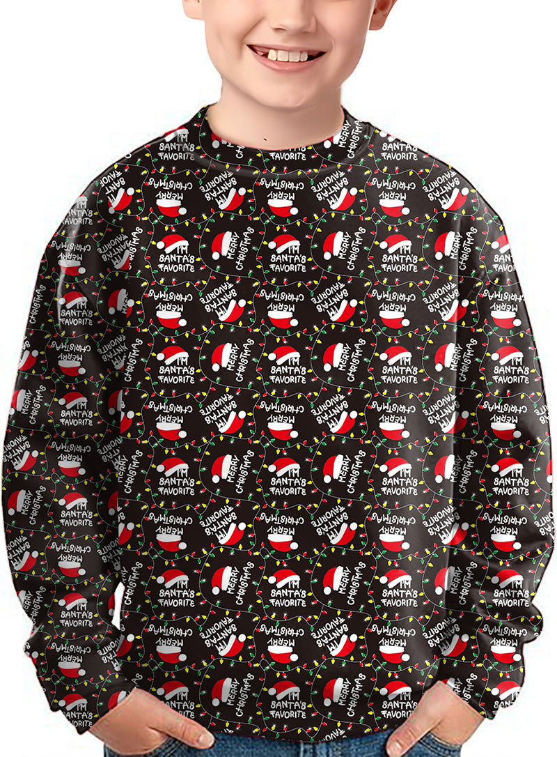 Kids black crewneck pullover with Christmas hat and Santa themed ugly sweater design