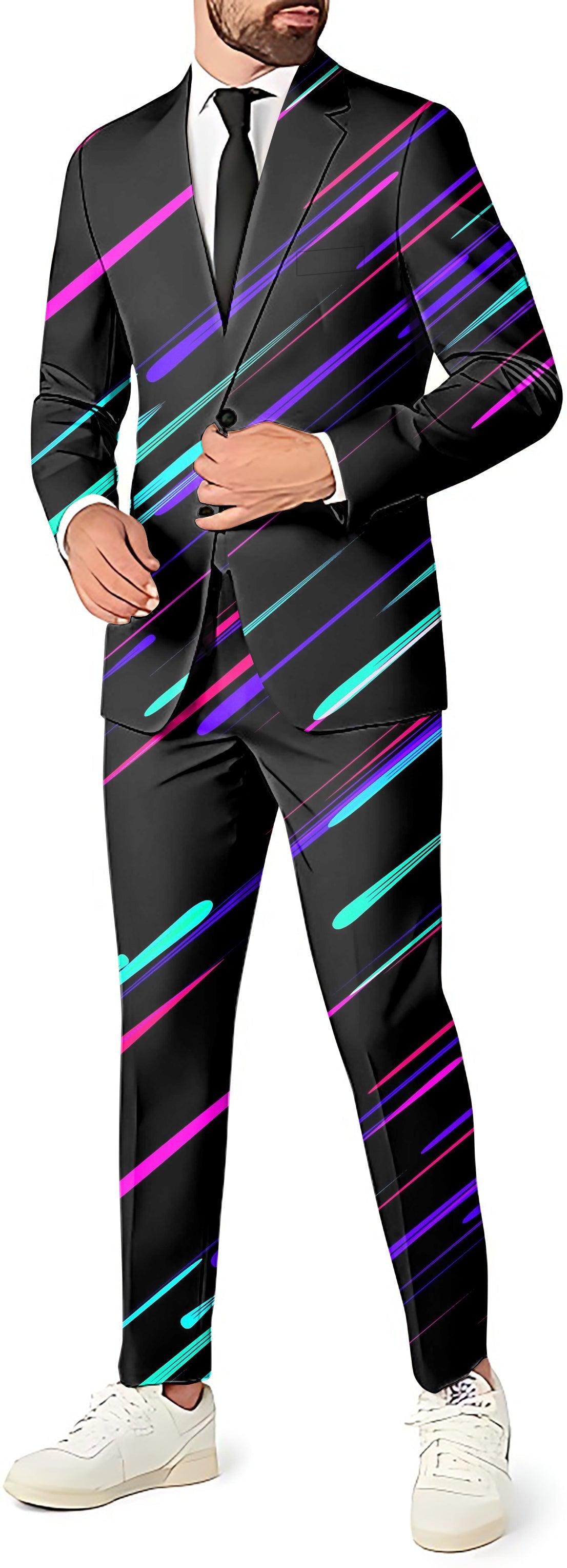 Shooting Stars men's party costume suit set with blazer, pants, and vest in black with colorful neon streaks