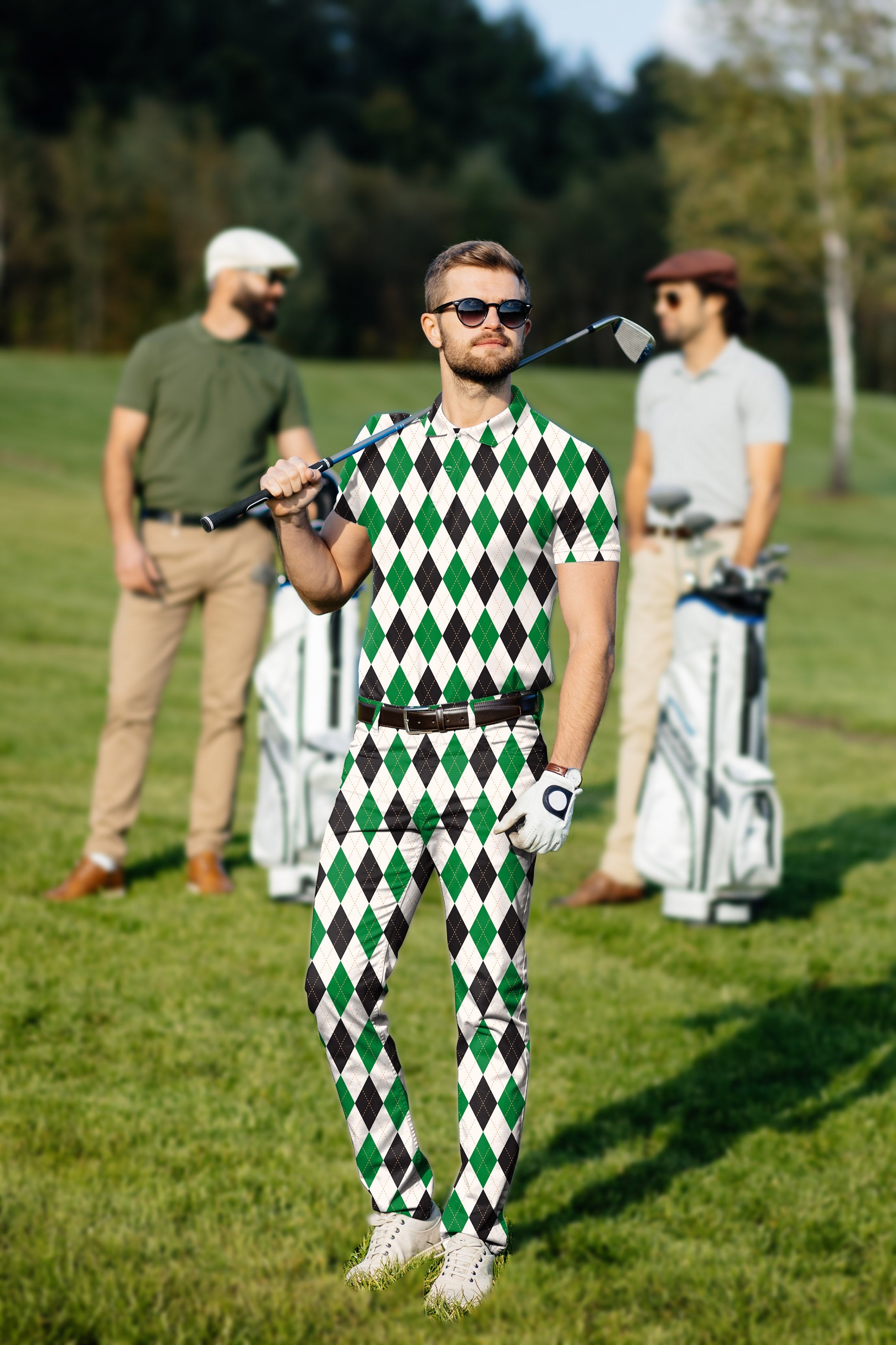 Men's Golf Set with customized argyle grid polo and pants on golf course