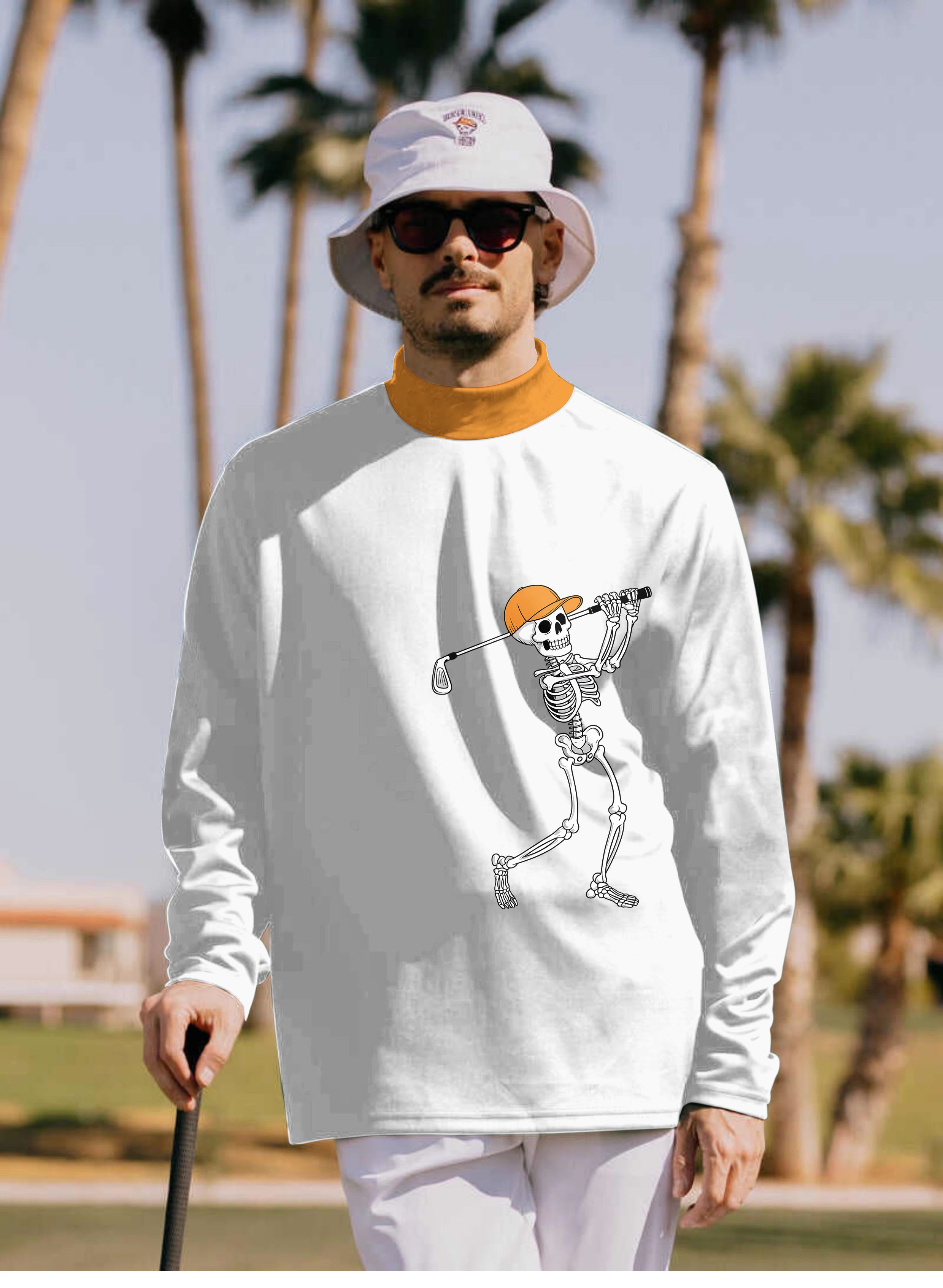 Men's white Halloween skeleton golf pullover with high neck and pumpkin design
