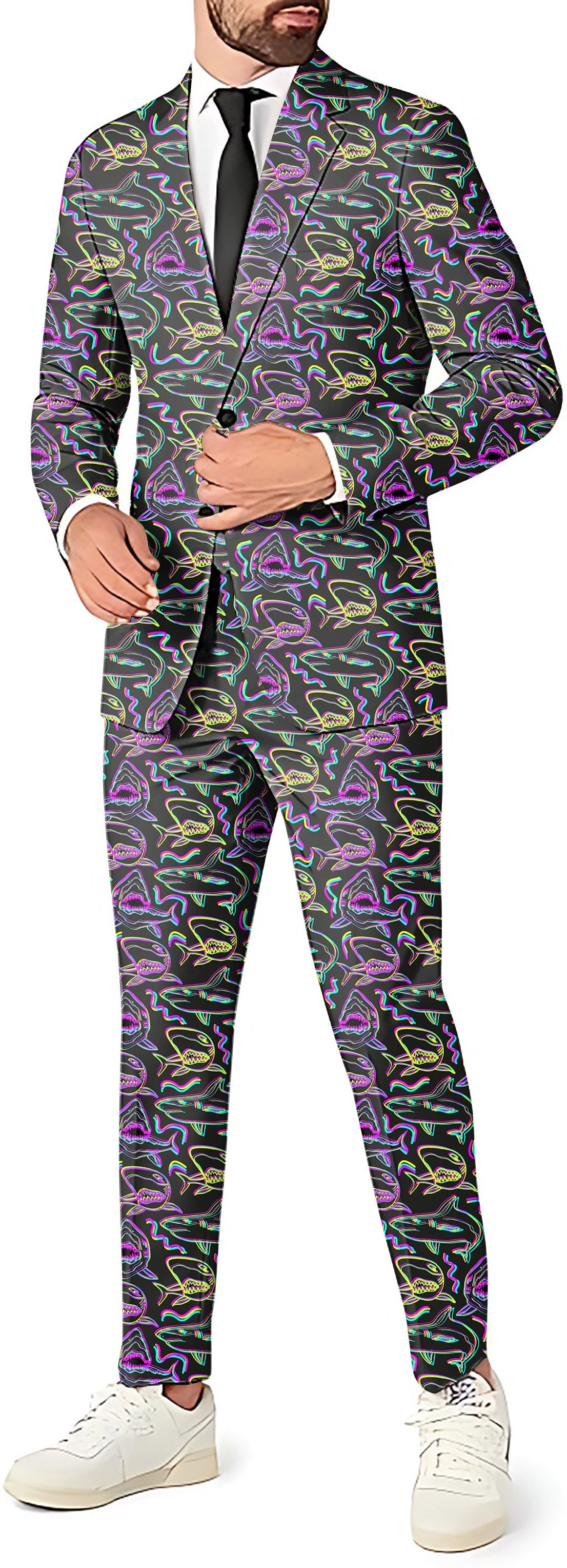 Neon Sharks Men's party suit set with blazer, pants, and vest in neon shark pattern