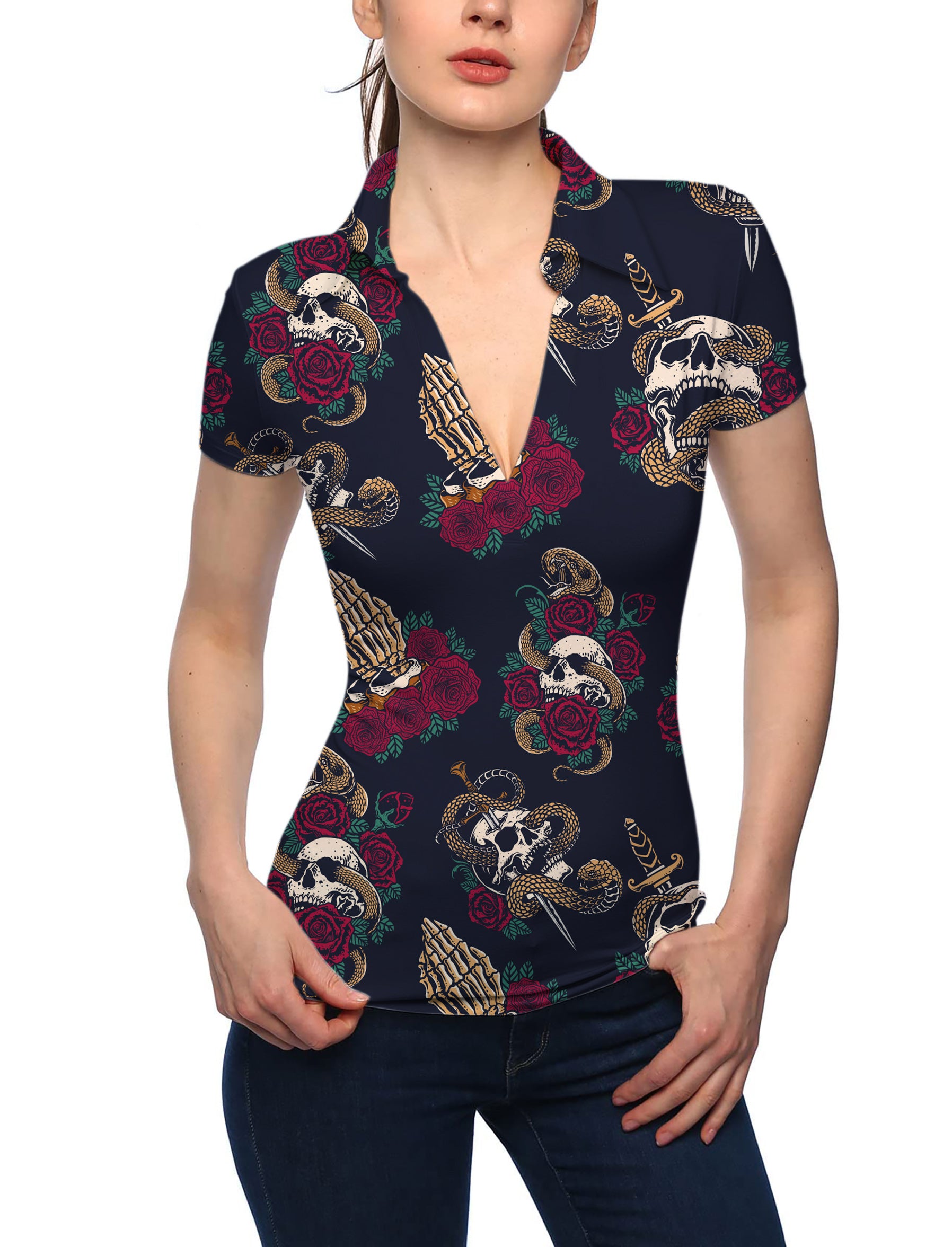 Women's Halloween Snake Skeleton V Neck Golf Polo