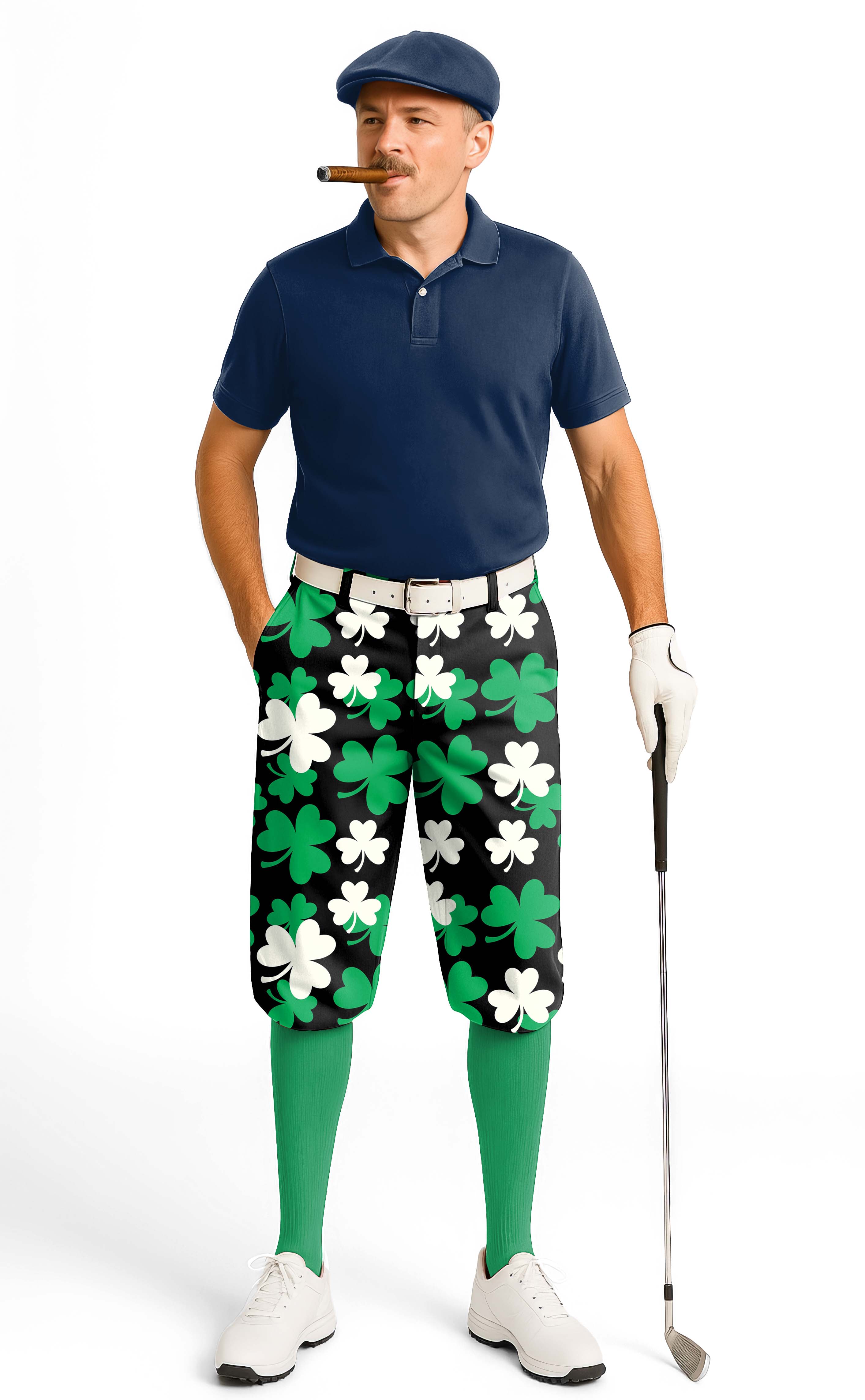 Men's golf knickers with leaf clover St. Patrick's Day design, soft breathable fabric, snug ankle cuffs, and adjustable Velcro waistband.