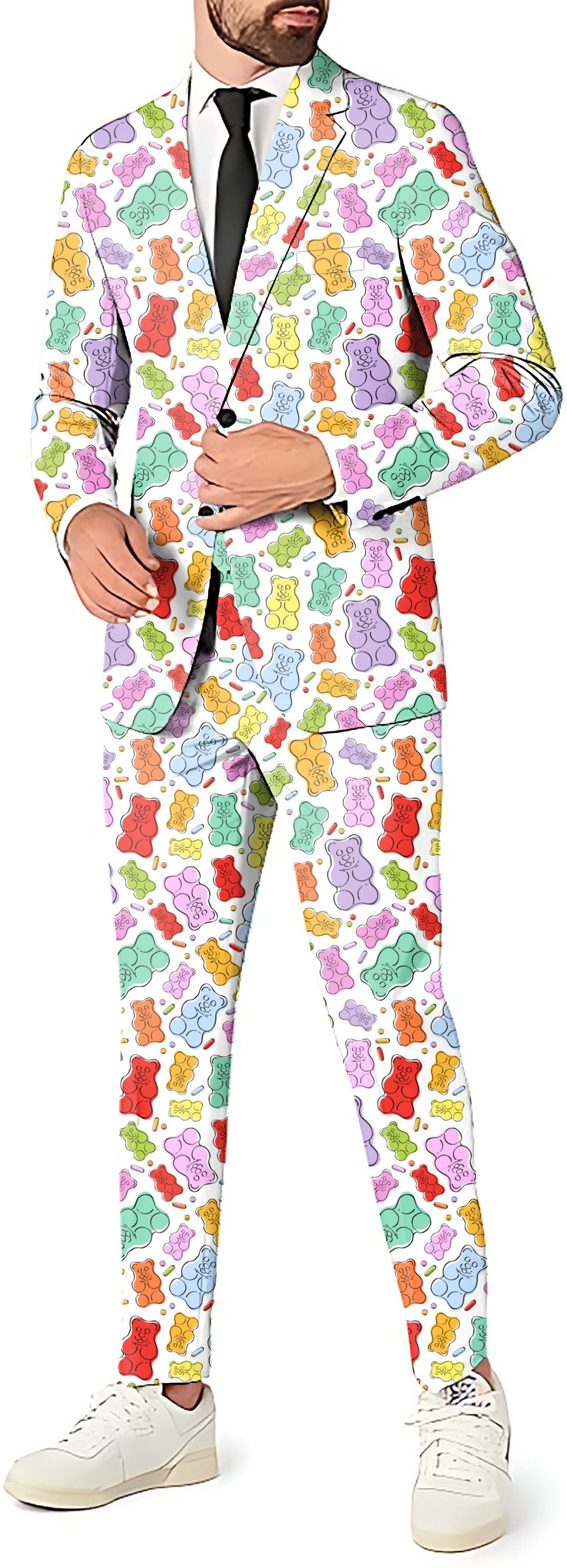 Gummy Bears Men's Party Costume Suit with Blazer, Vest, and Pants in Colorful Gummy Bear Print