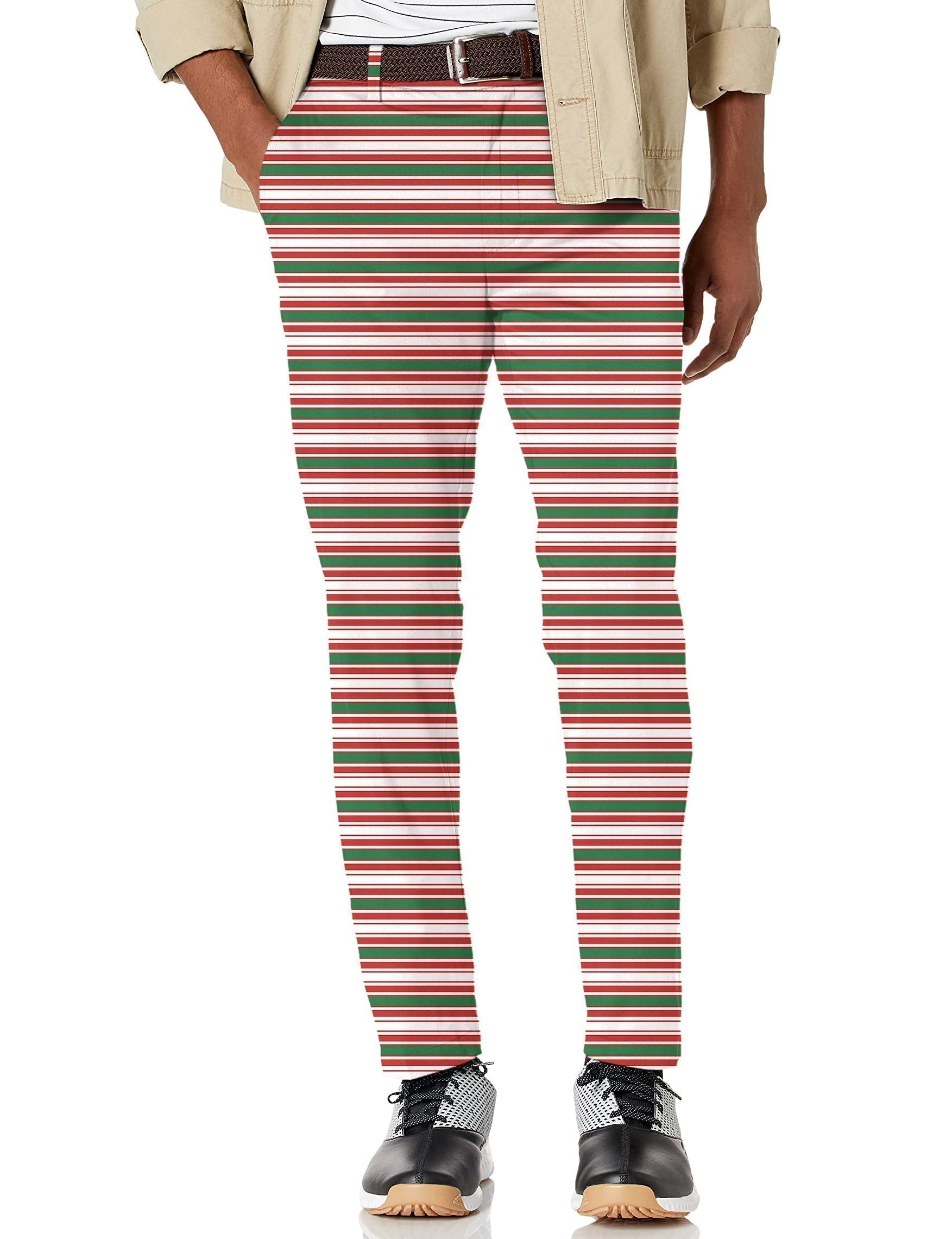 Men's striped Christmas stretch golf pants with moisture-wicking fabric and active waistband