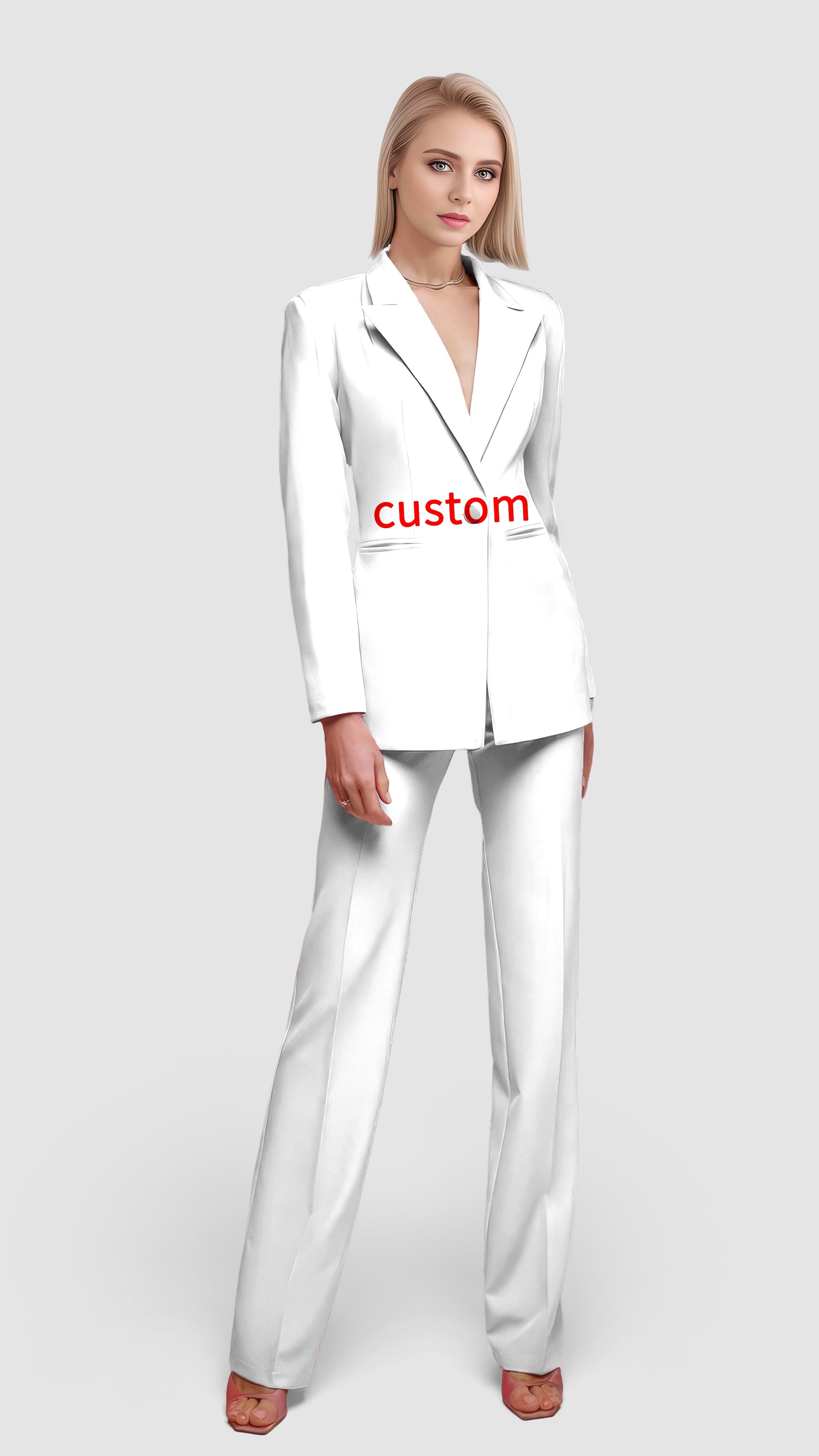 Custom white women's blazer casual suit set with tailored fit and trousers