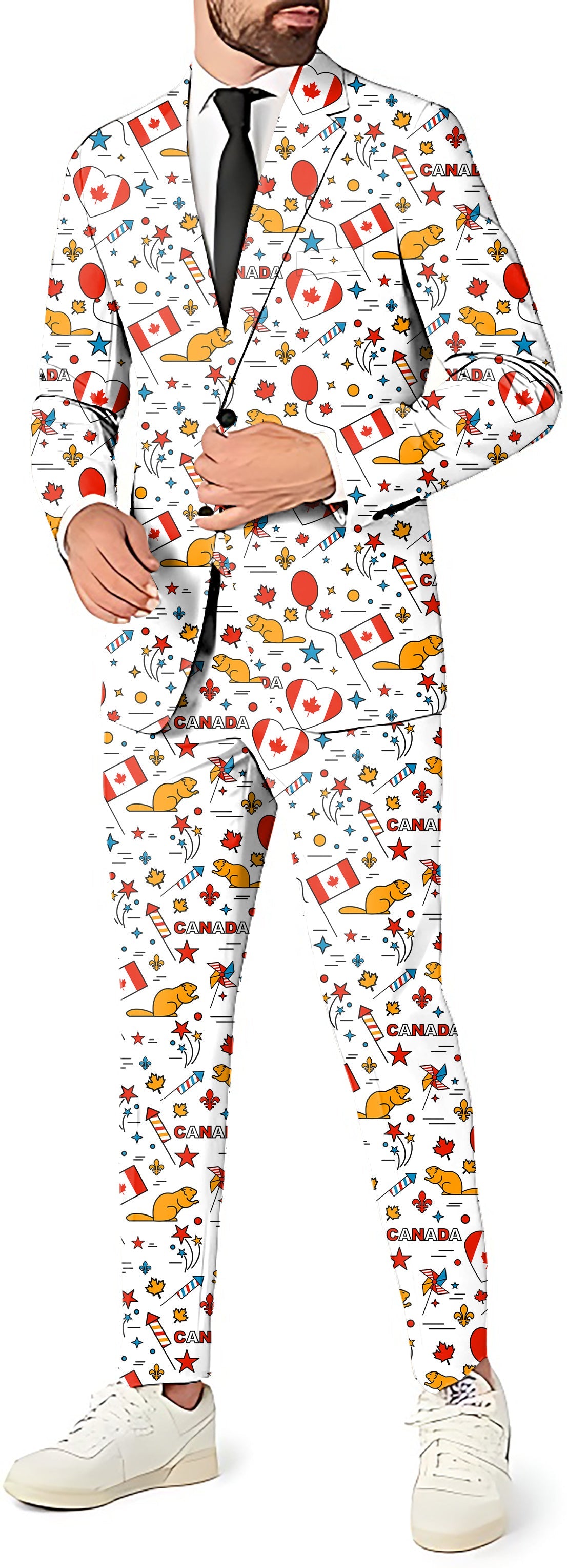 Canadian Balloon Squirrel men's blazer and pants suit with themed party print and Canadian icons